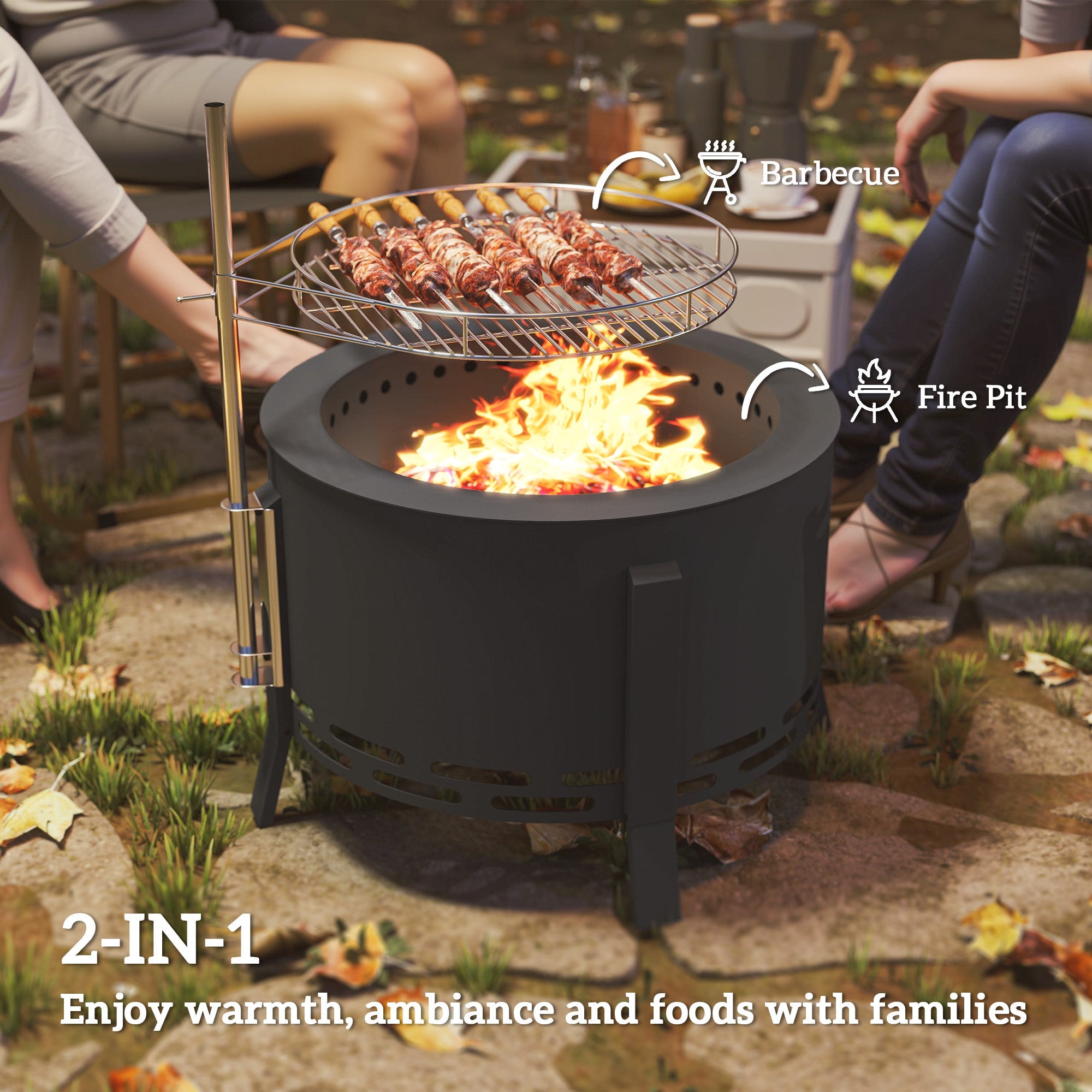 Outsunny Portable Fire Pit, 58 cm Round Firepit with Grill Grate, Fire Bowl with Ash Catcher and Poker, Fire Pit BBQ for Garden Camping Bonfire Picnic, Black