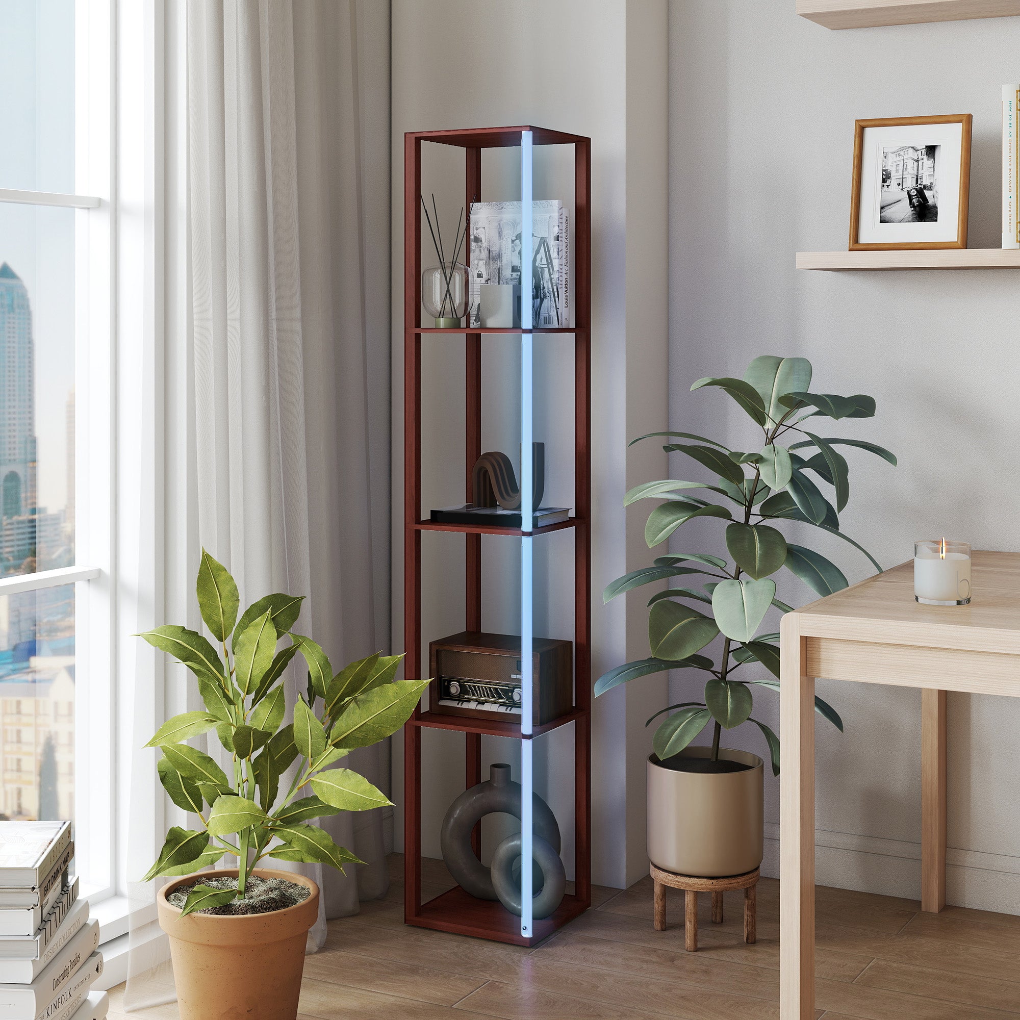 HOMCOM RGB LED Floor Lamp with Shelves, Modern Dimmable Standing Lamp with Remote Control, Adjustable Brightness & Speed for Living Room, Bedroom, Office, Brown