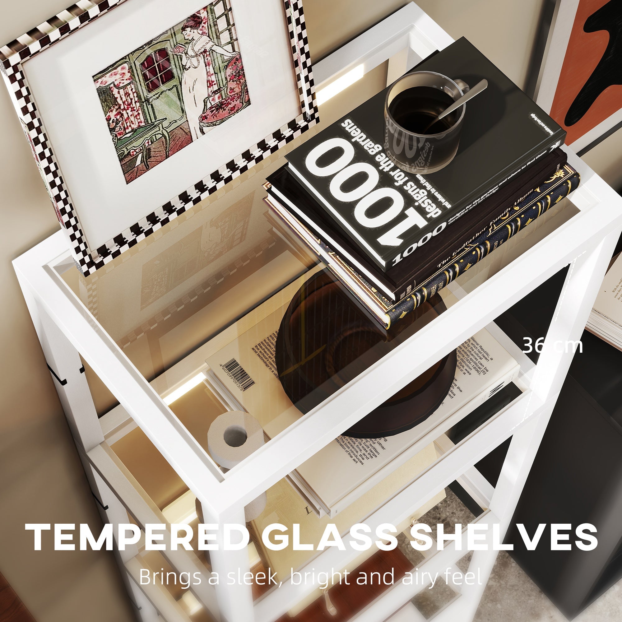 HOMCOM LED Floor Lamp with Glass Shelves, 4 Layers Dimmable Tall Standing Lamp, Modern Column Shelf Floor Light for Living Room, Bedroom, Office, White