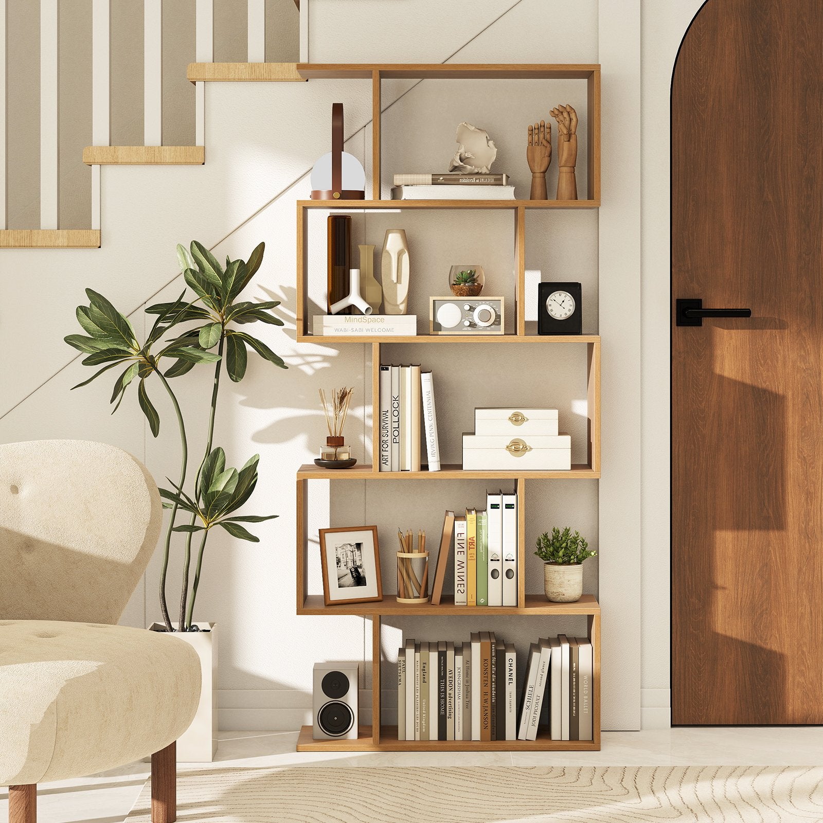 Geometric S-Shaped Bookcase with Anti-Toppling Device for Living Room Home Office-Natural