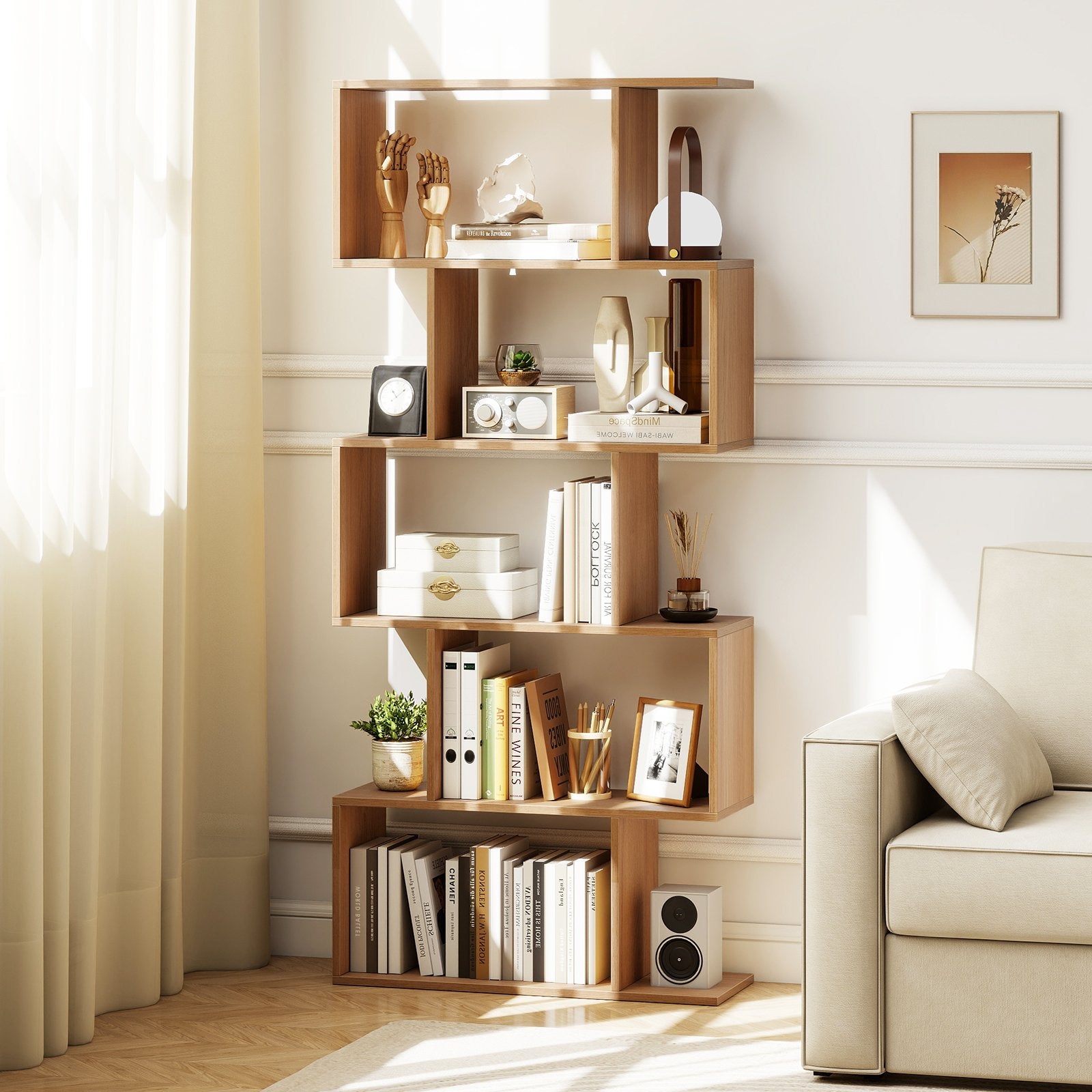 Geometric S-Shaped Bookcase with Anti-Toppling Device for Living Room Home Office-Natural