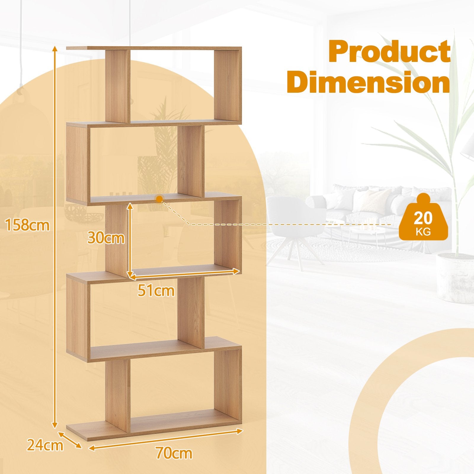 Geometric S-Shaped Bookcase with Anti-Toppling Device for Living Room Home Office-Natural
