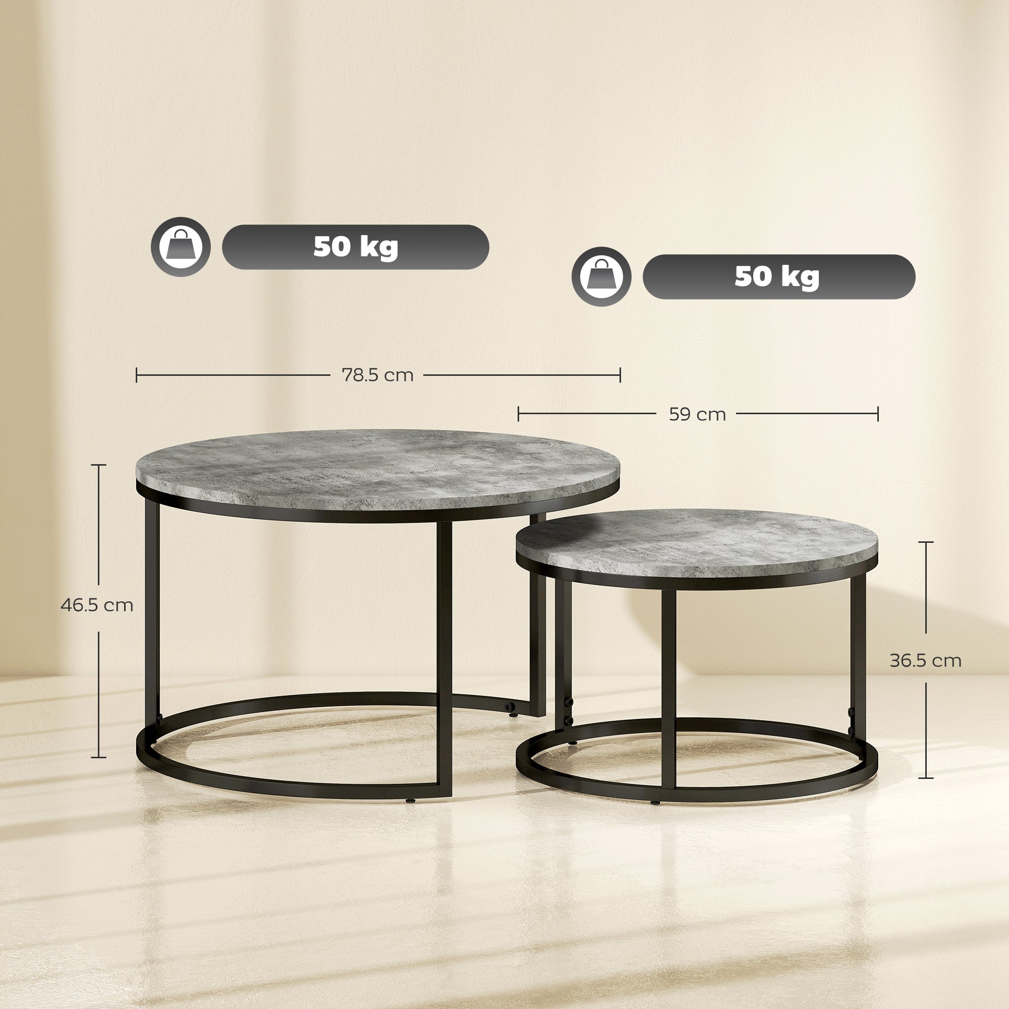 HOMCOM Set of Two Marble-Effect Stacking Tables - Grey/Black
