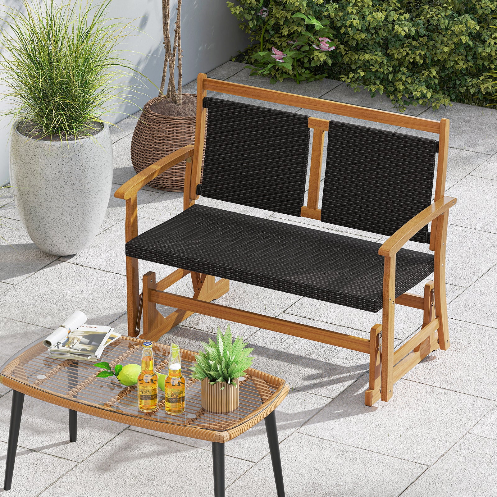 Patio Rattan Glider Bench Swing Gliding Rocker for 2