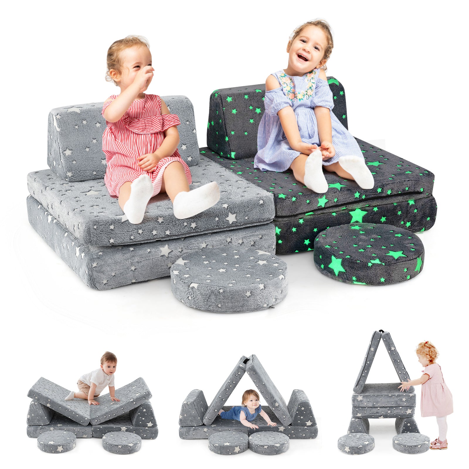 Glow in the Dark Modular Kids Play Couch Set with Machine-washable Flannel Covers and Portable Handles-Grey