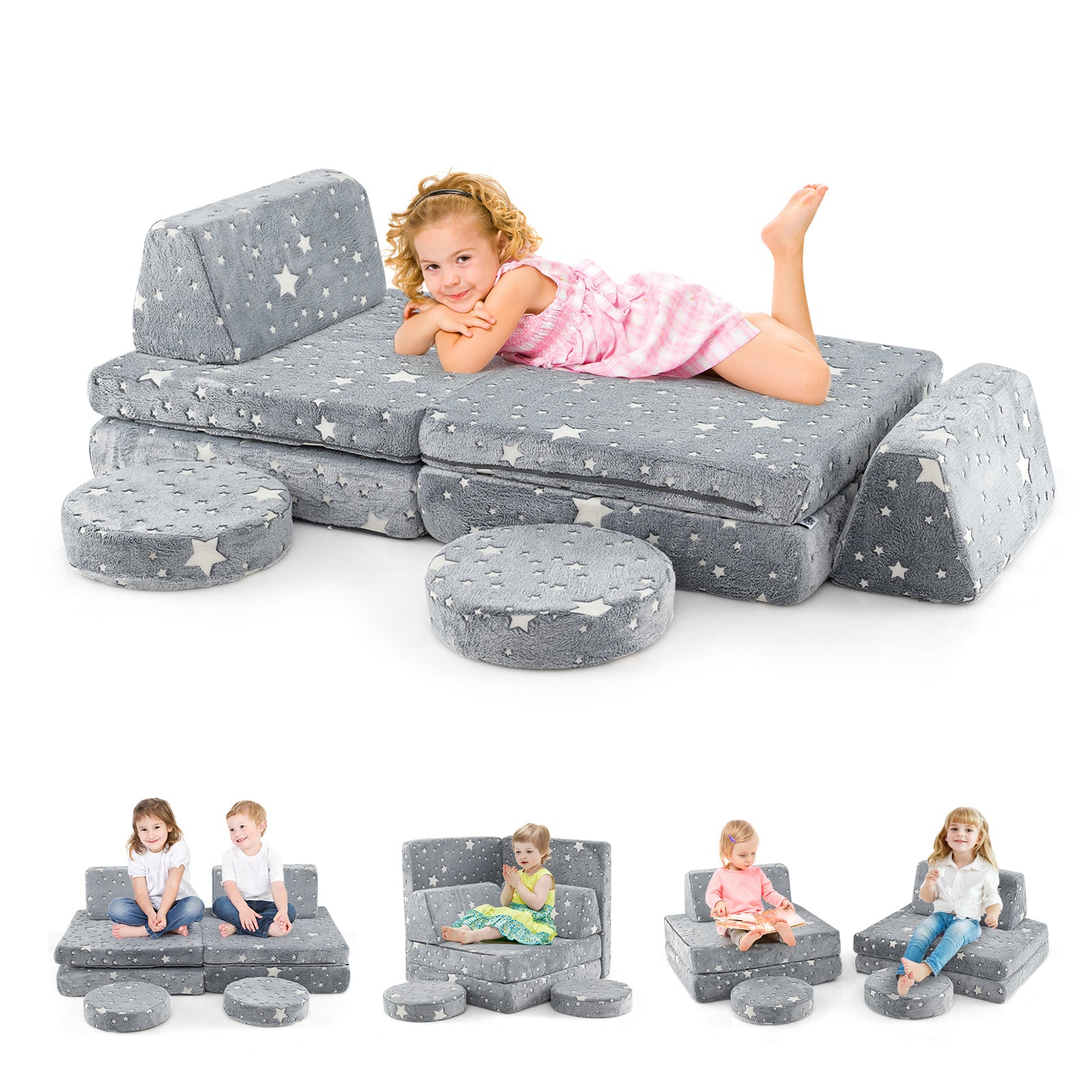 Glow in the Dark Modular Kids Play Couch Set with Machine-washable Flannel Covers and Portable Handles-Grey