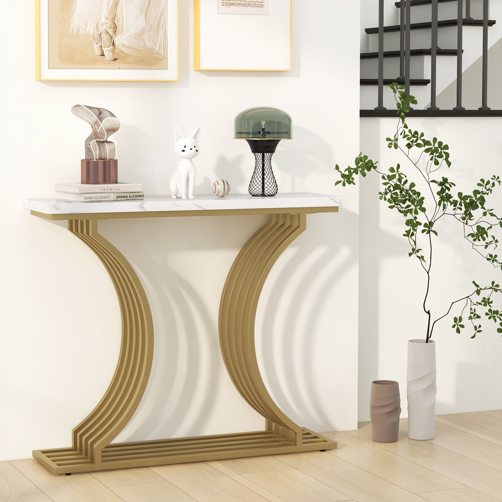 Gold Entryway Table with White Faux Marble Tabletop-White