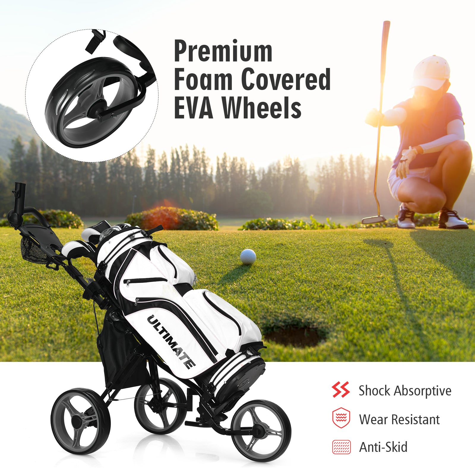 Golf Push Pull Cart with Storage Bag and Foot Brake-Grey
