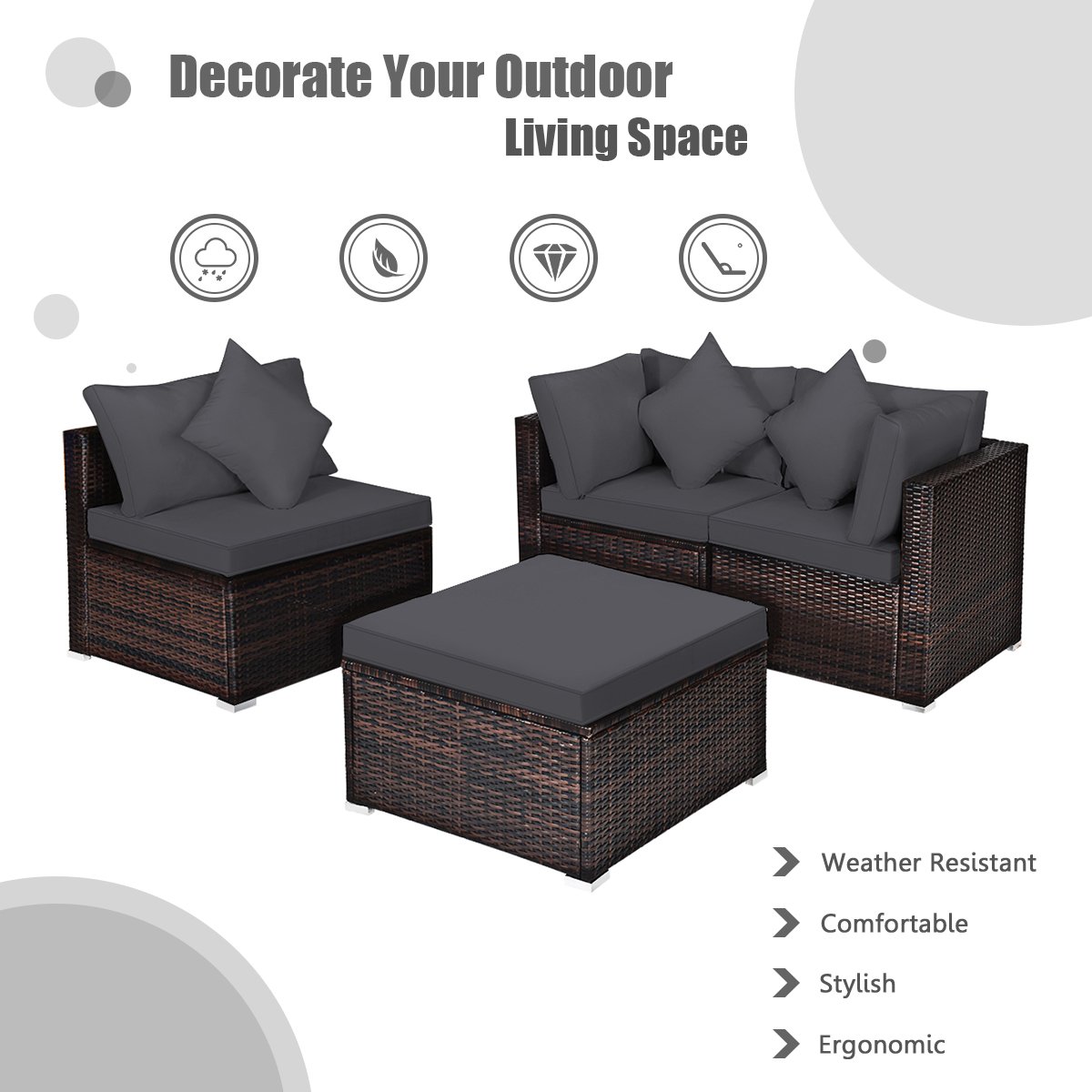 4 Pieces Outdoor Rattan Conversation Set with Removable Cushions and Pillows-Grey