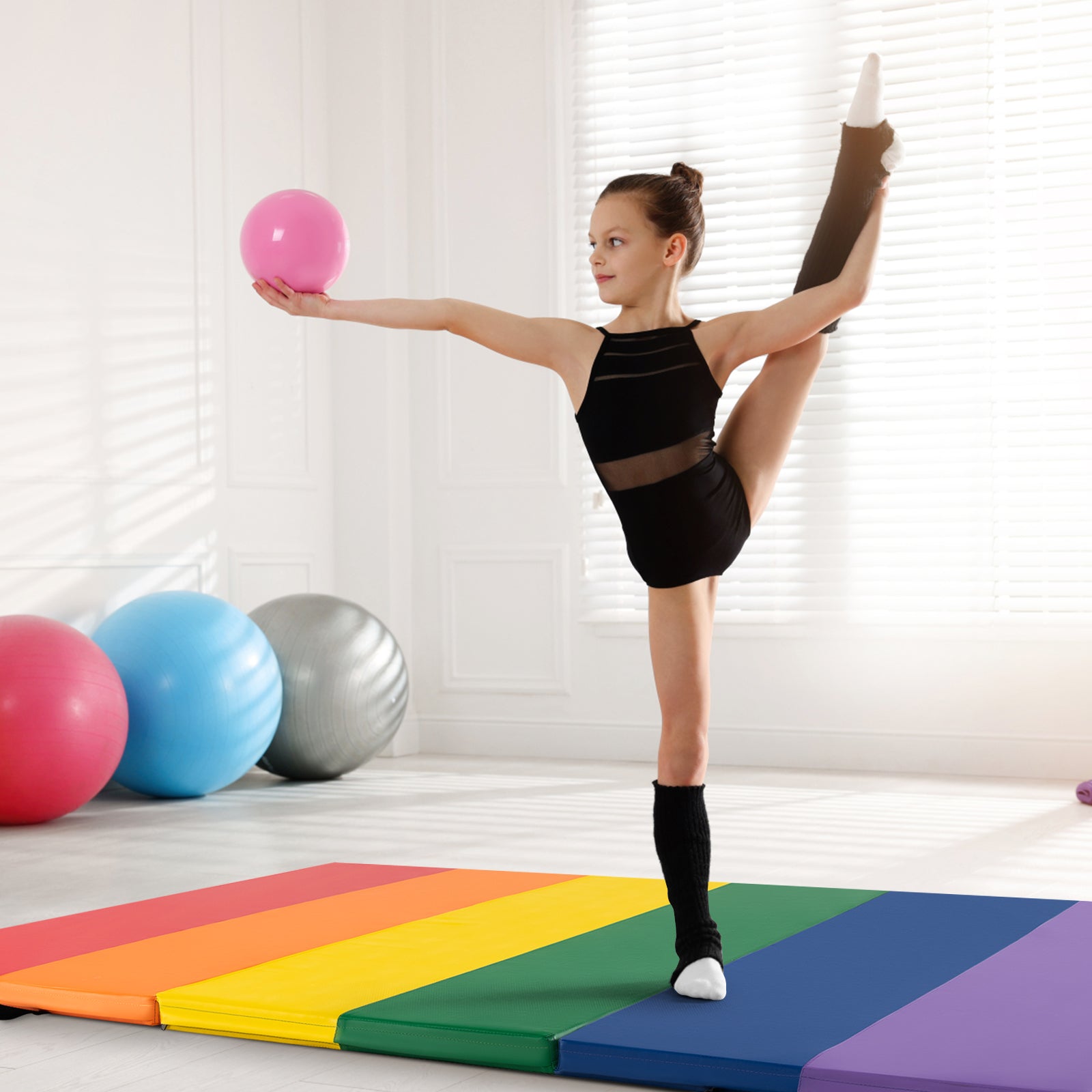 Gymnastics Mat Tri-Fold Thick Tumbling Mat with Hook and Loop Fasteners-Colourful