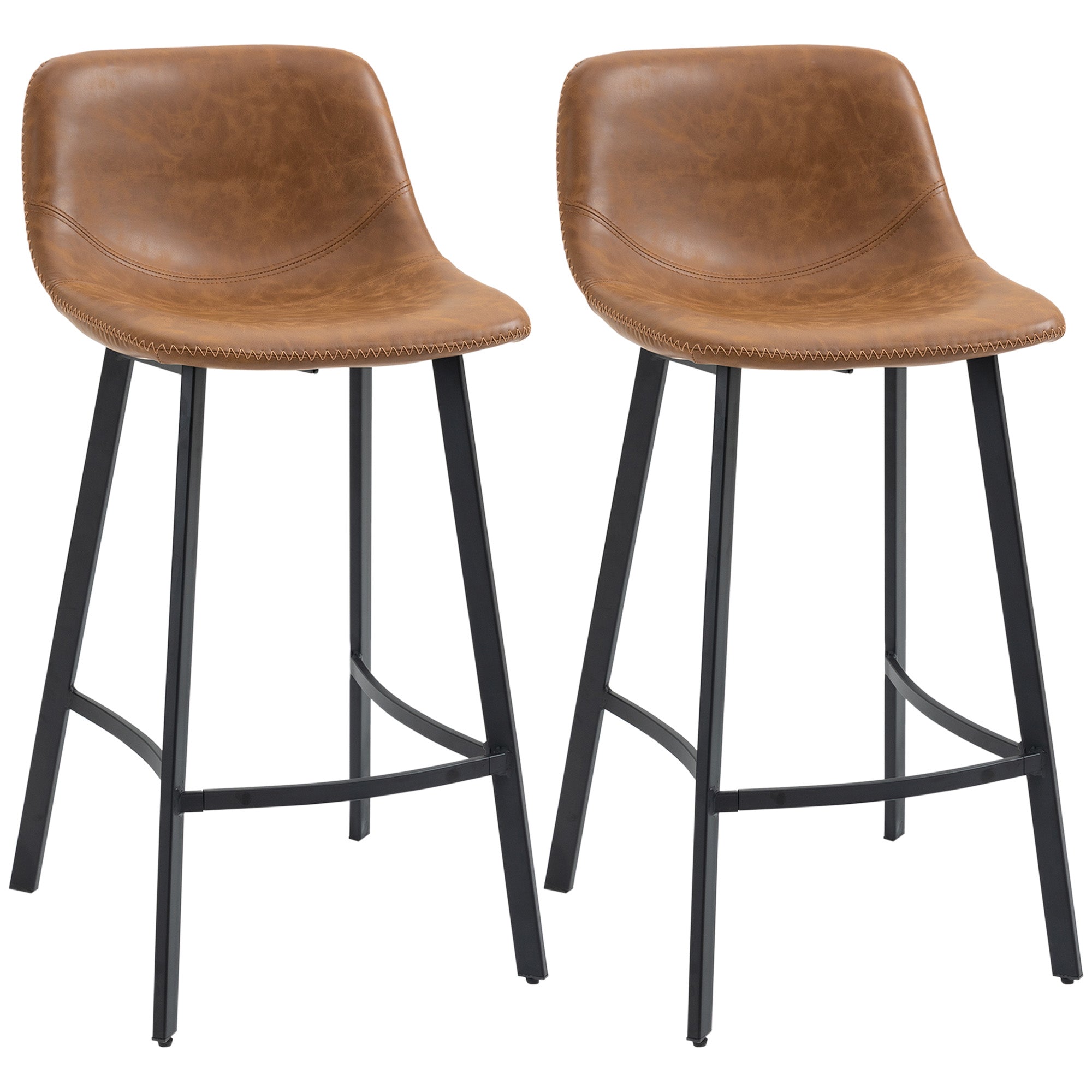 HOMCOM Bar Stools Set of 2, PU Leather Kitchen Stools, Upholstered Breakfast Bar Chairs with Backrest, Steel Legs for Home, Dining Room, Brown