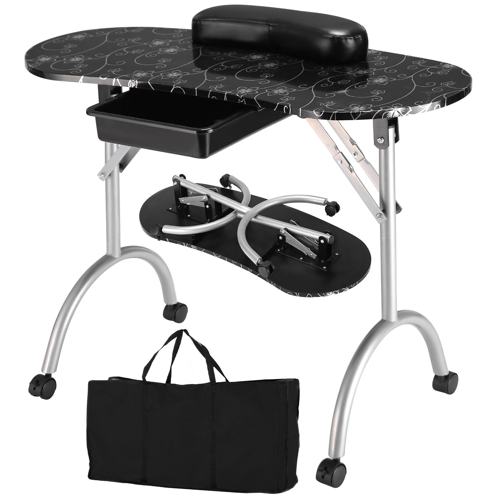 Portable Nail Table Station Manicure Tech Desk Nails Art Table 4 Rolling Wheels-Black