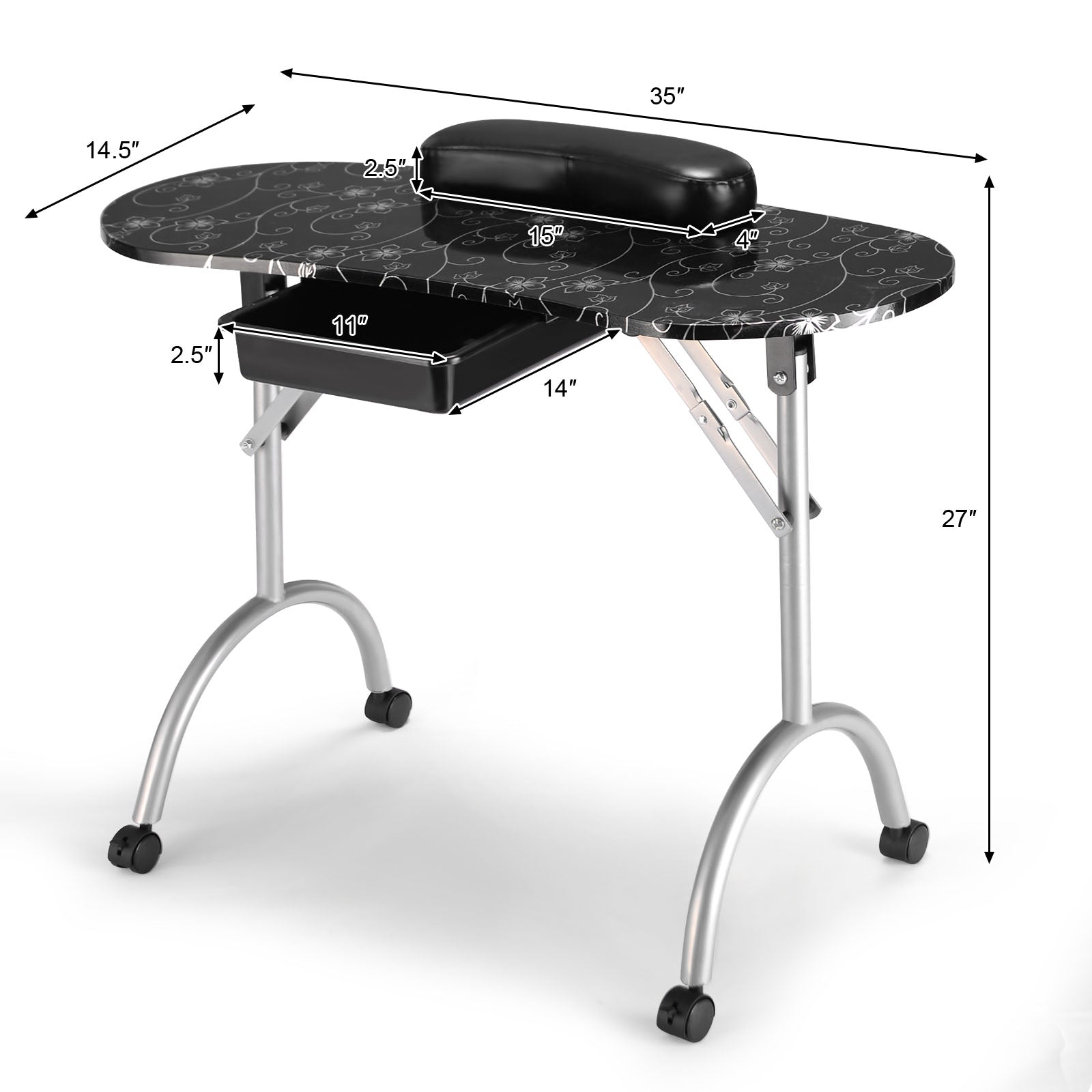 Portable Nail Table Station Manicure Tech Desk Nails Art Table 4 Rolling Wheels-Black