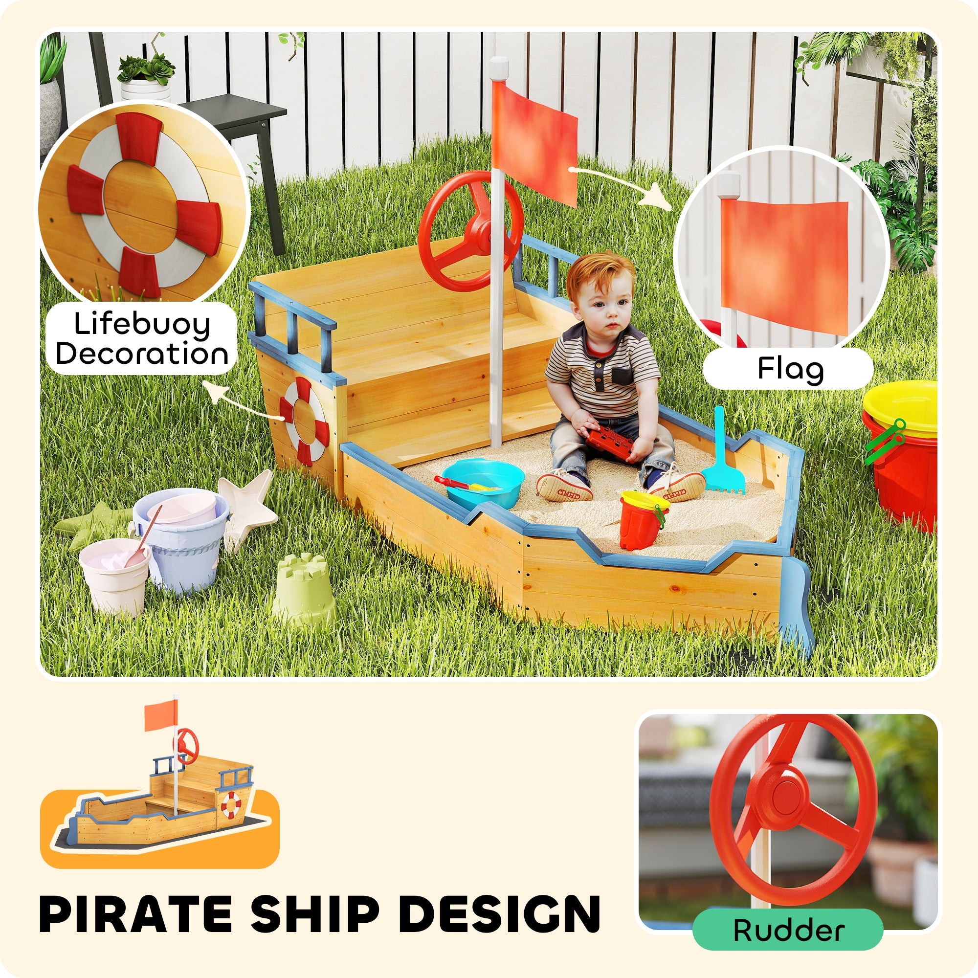 Outsunny Sand pit Kids Children Sandpit Wooden Pirate Ship Sandboat Outdoor Backyard Playset w/Bench Bottom Liner