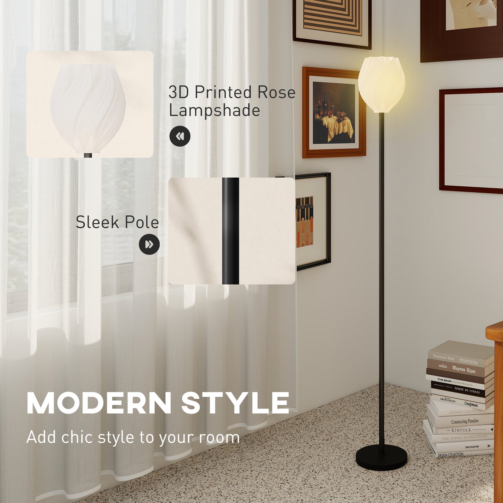 HOMCOM Flower Floor Lamp for Living Room, 3D Printed Modern Standing Lamp with Rose Shade, 3 Colour Temperature & Foot Switch, Minimalist Tall Pole Lampshade for Bedroom, Office, White