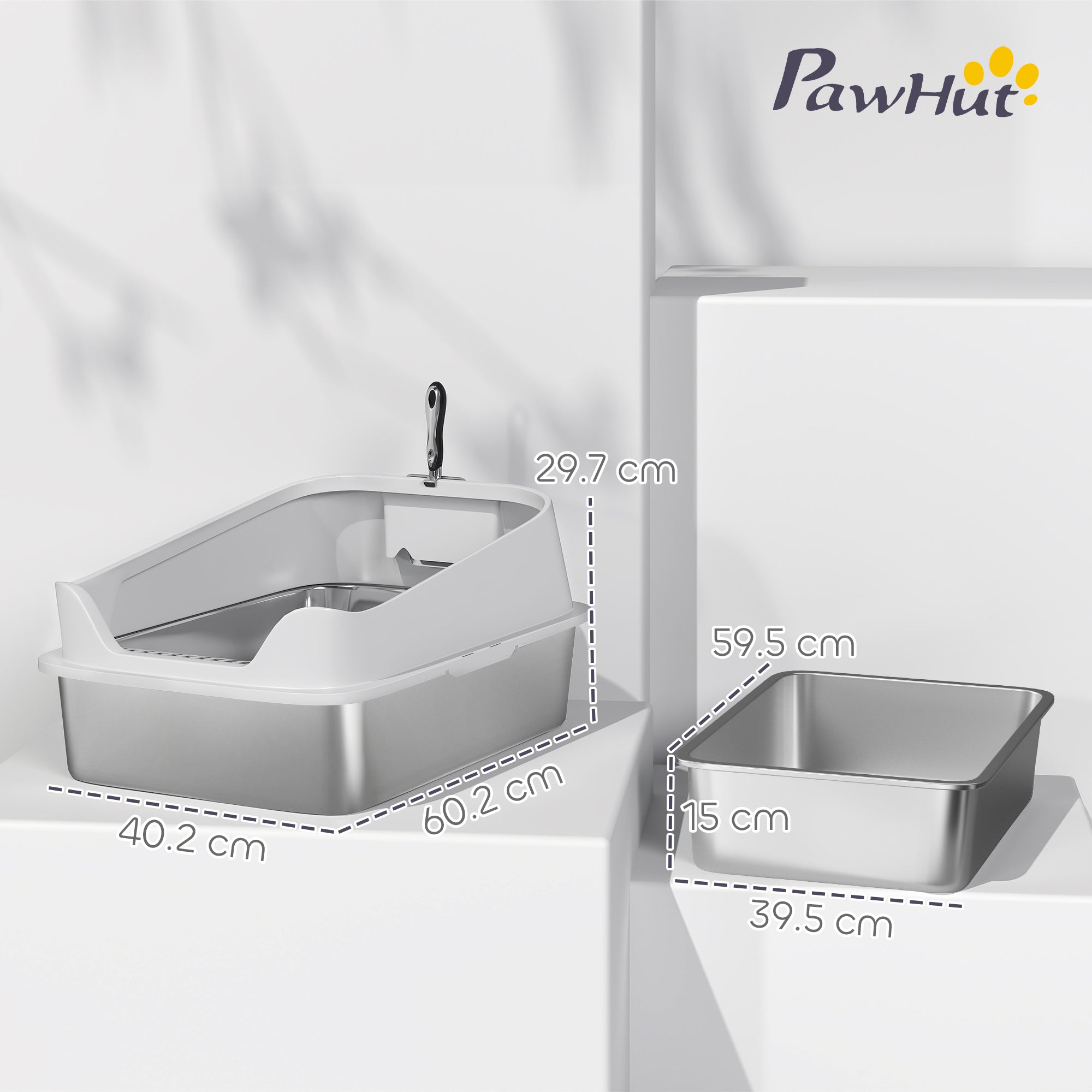 PawHut XL Stainless Steel Cat Litter Box with High Sides, Metal Scoop, 60 x 40 x 30 cm