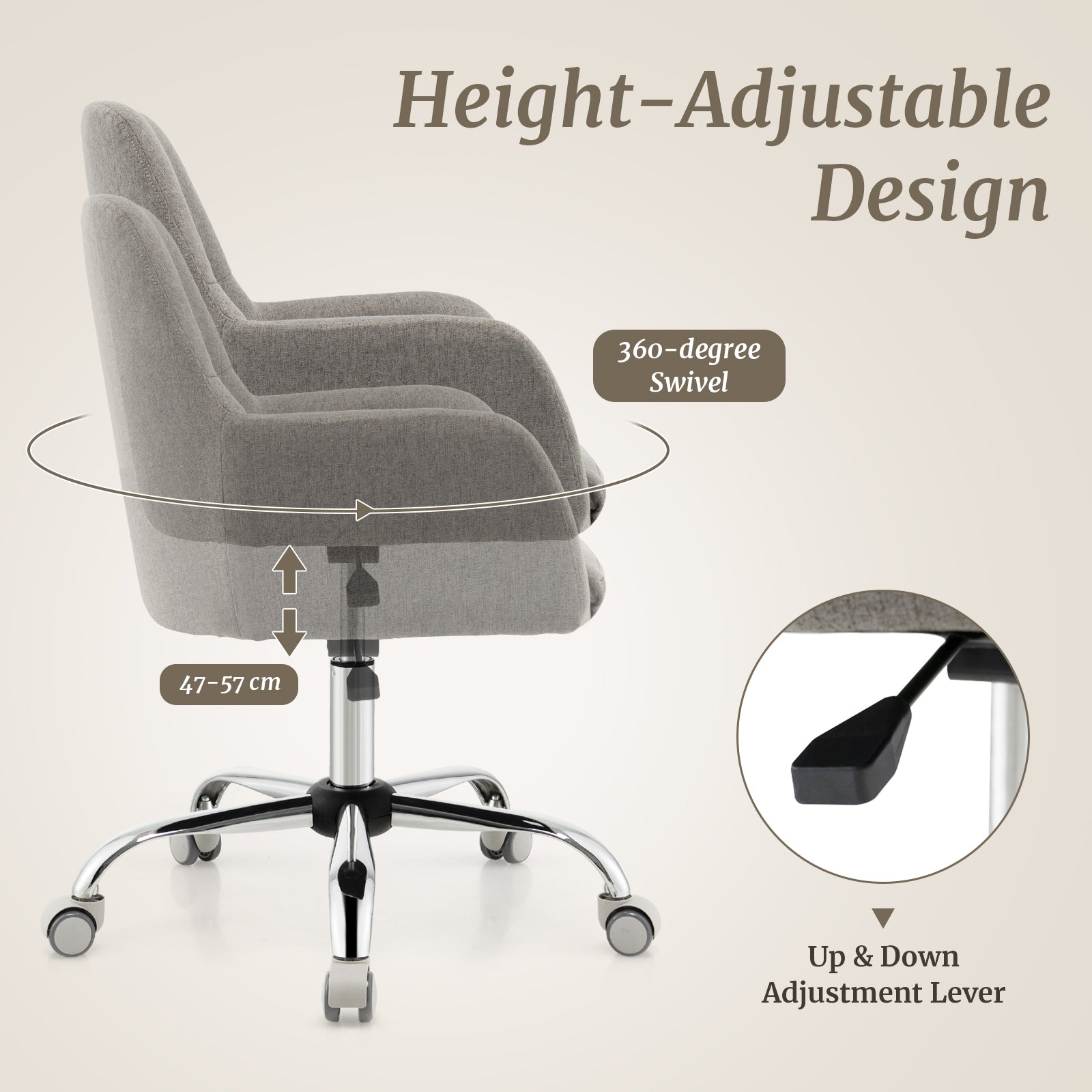 Height-adjustable Reception Chair with Rolling Casters for Office-Grey