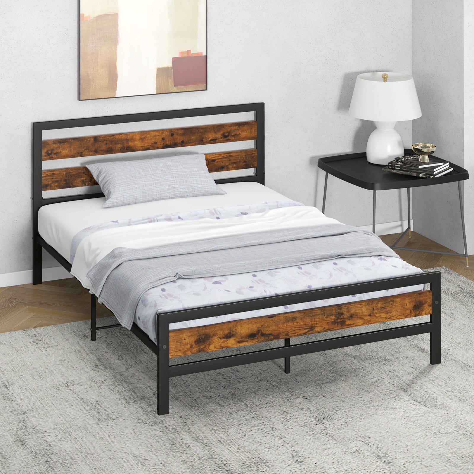 Double/King Size Bed Frame with Rustic Headboard and Footboard-Double Size