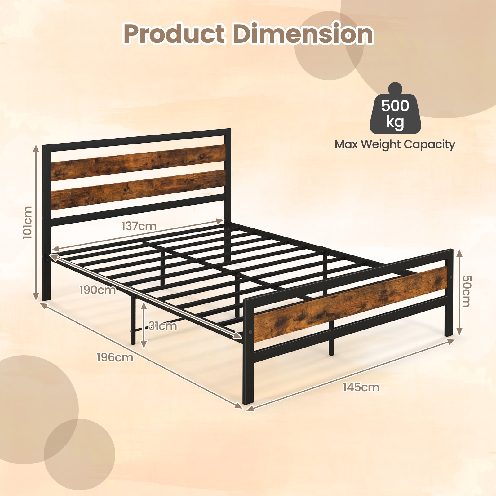 Double/King Size Bed Frame with Rustic Headboard and Footboard-Double Size