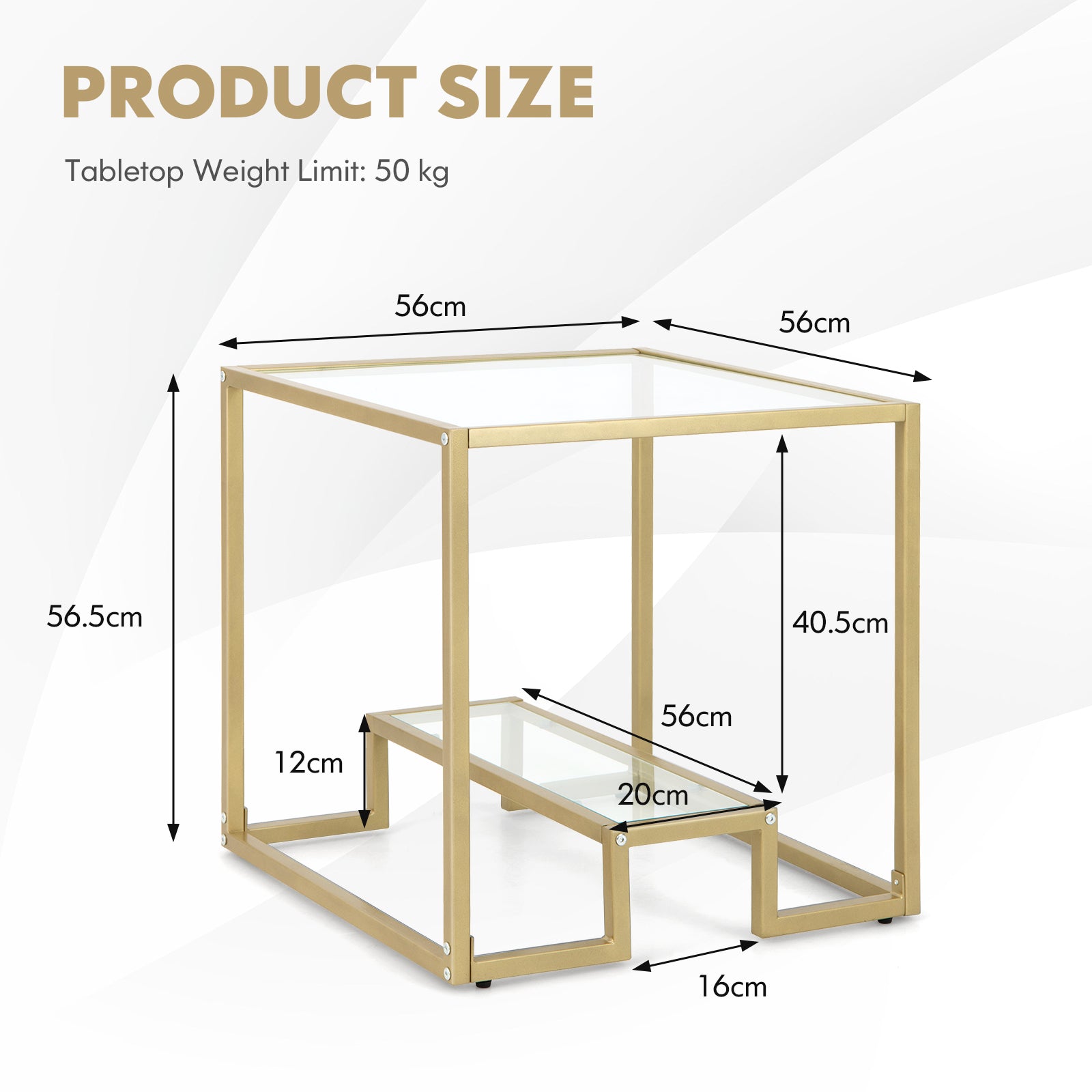2-Tier Snack Table with Golden Metal Frame and Tempered Glass Tabletop