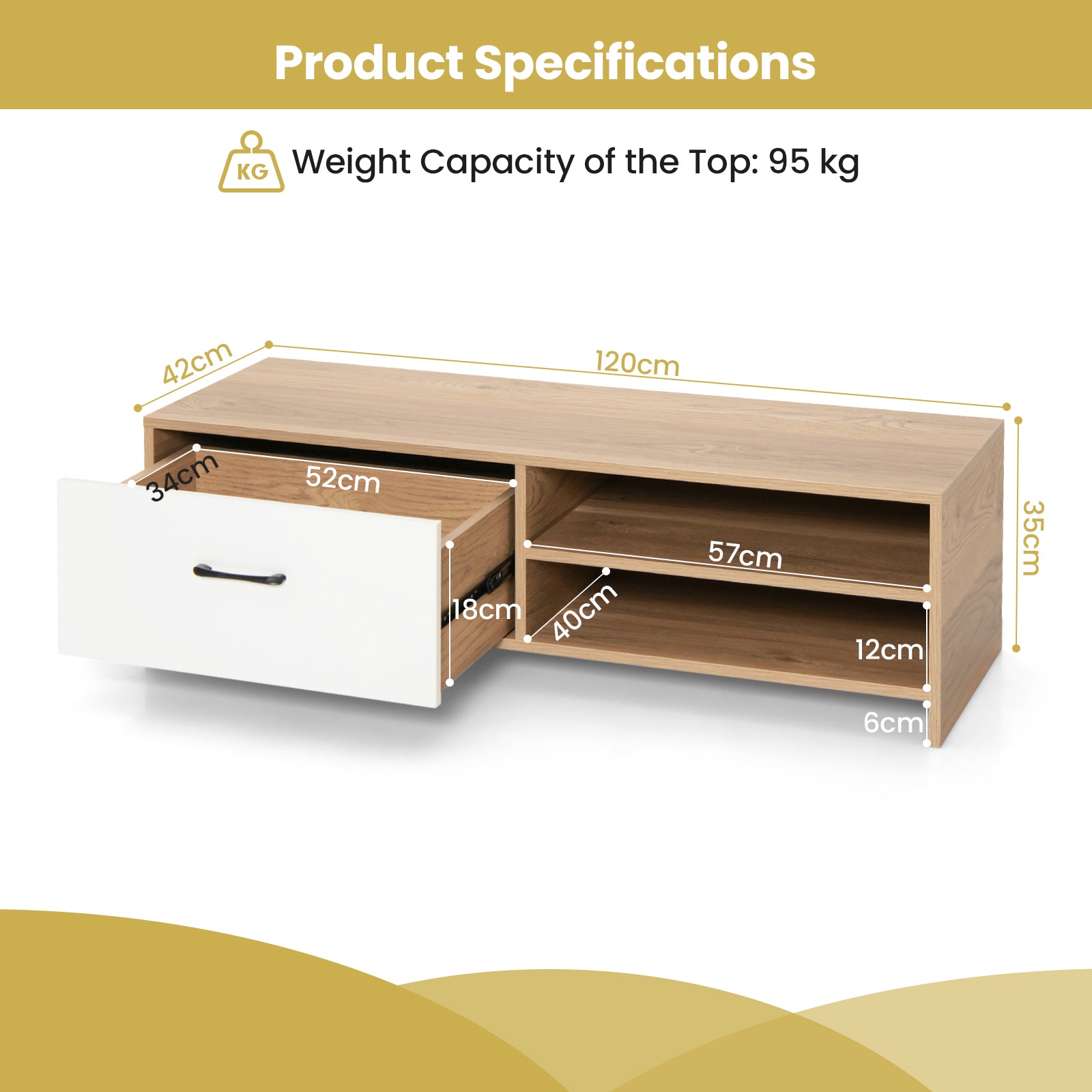 Wooden TV Stand with Drawer and 2 Shelves for TVs up to 55 Inches