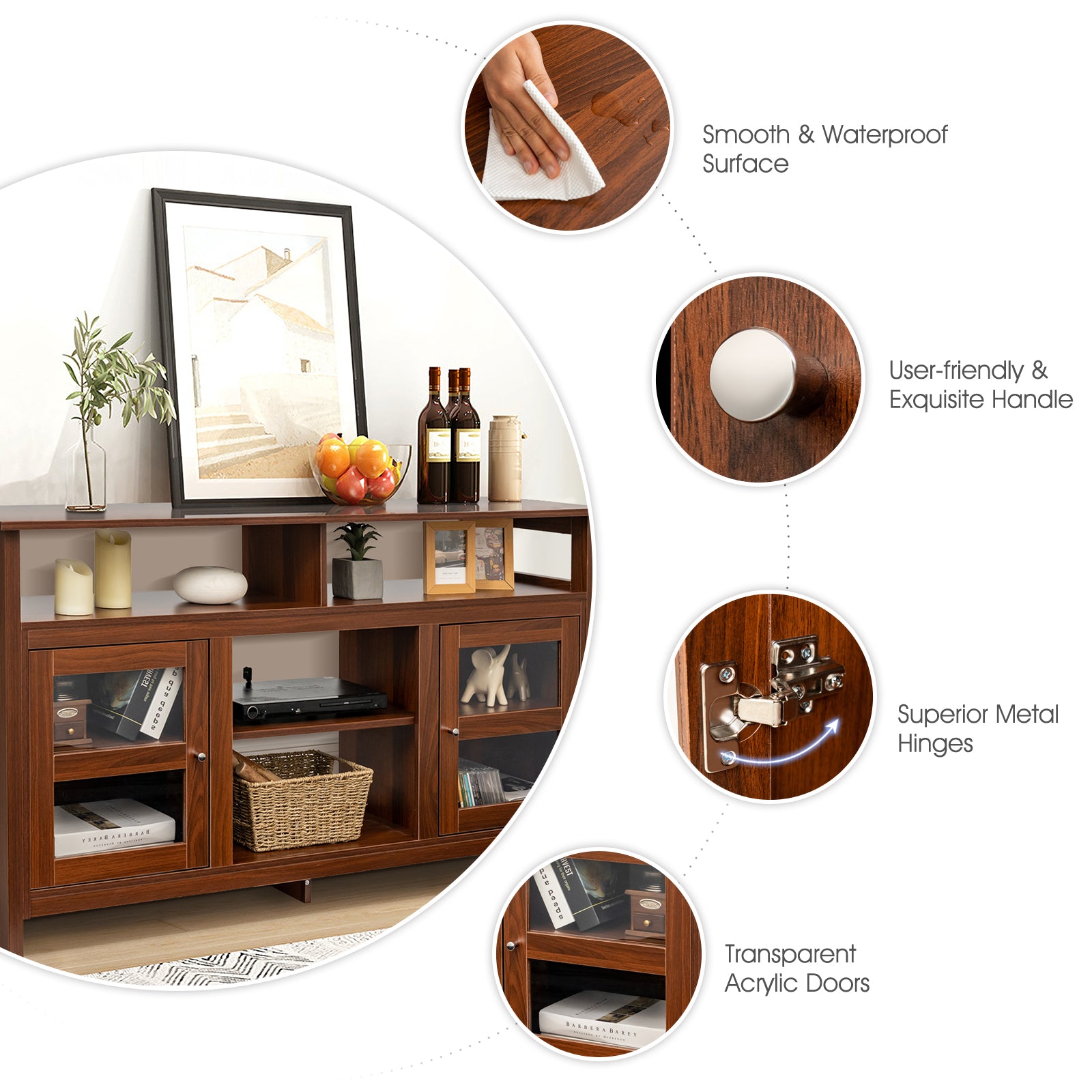 Living Room Console Table for TVs with Wooden Fireplace and 2 Cabinets -Brown