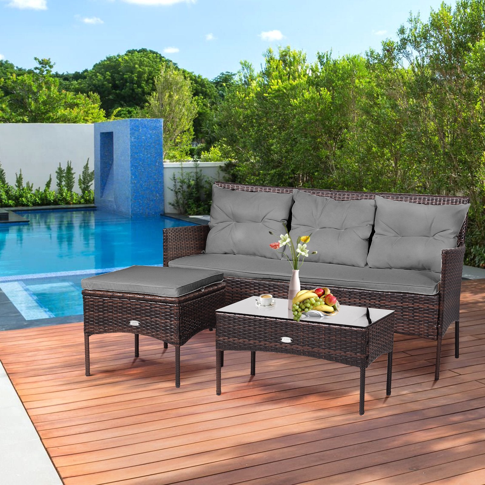 4 Seater Rattan Garden Furniture Set with Cushioned Sofa-Grey