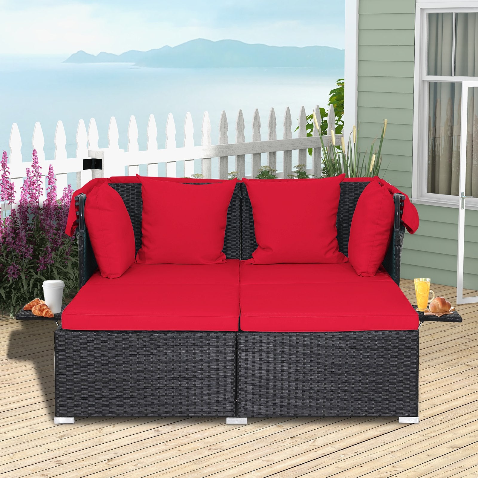 Garden Rattan Daybed with Retractable Canopy and Cushions-Red