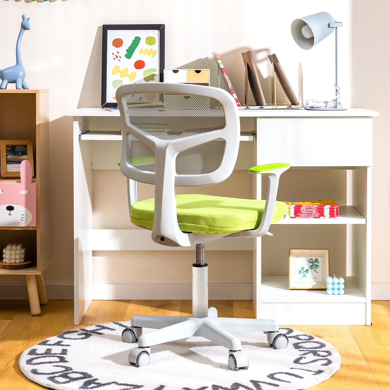 Kids Height-Adjustable Swivel Computer Desk Chair with Lumbar Support-Green
