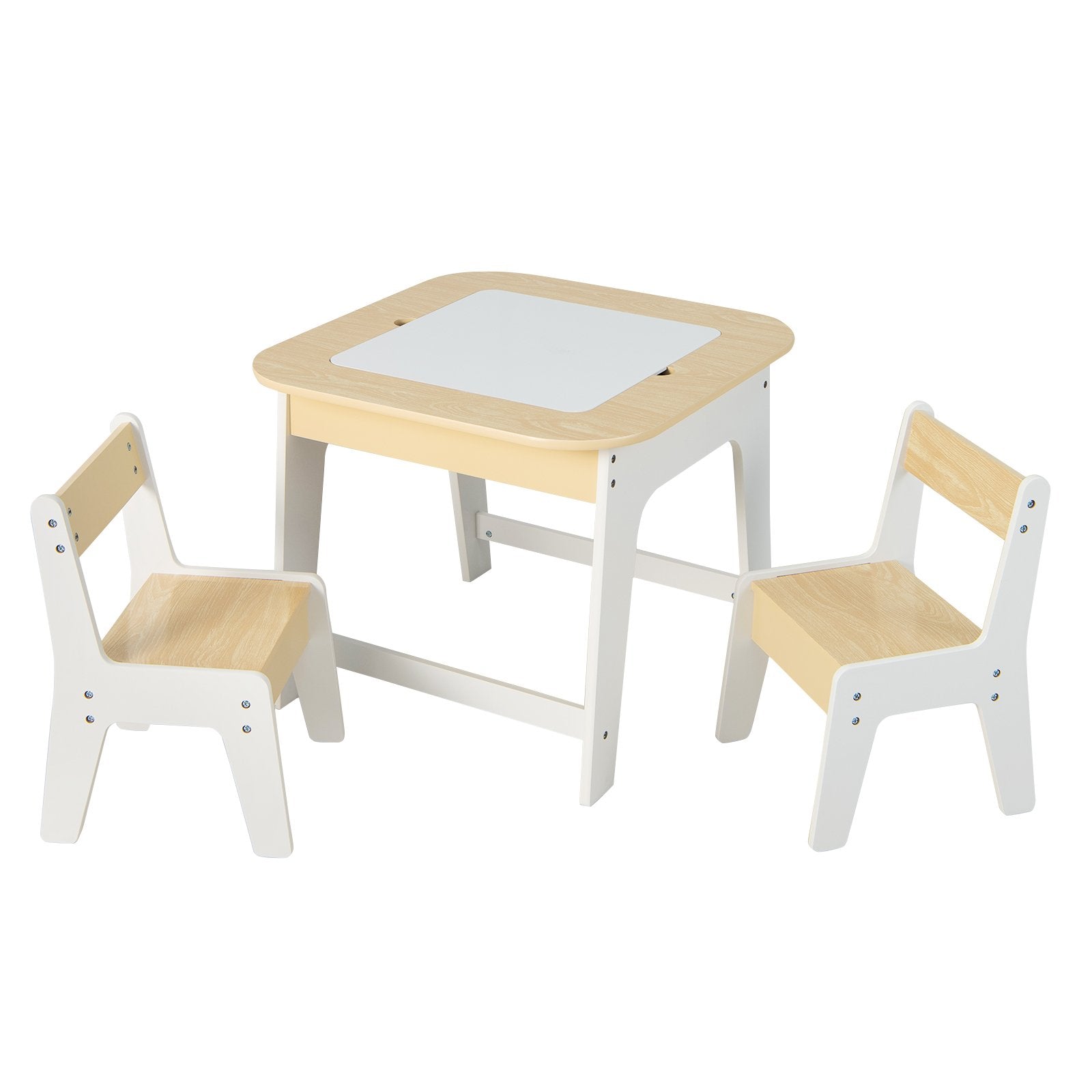 Kids Table and Chairs Set with Double-Sided Tabletop and Hidden Storage-Natural