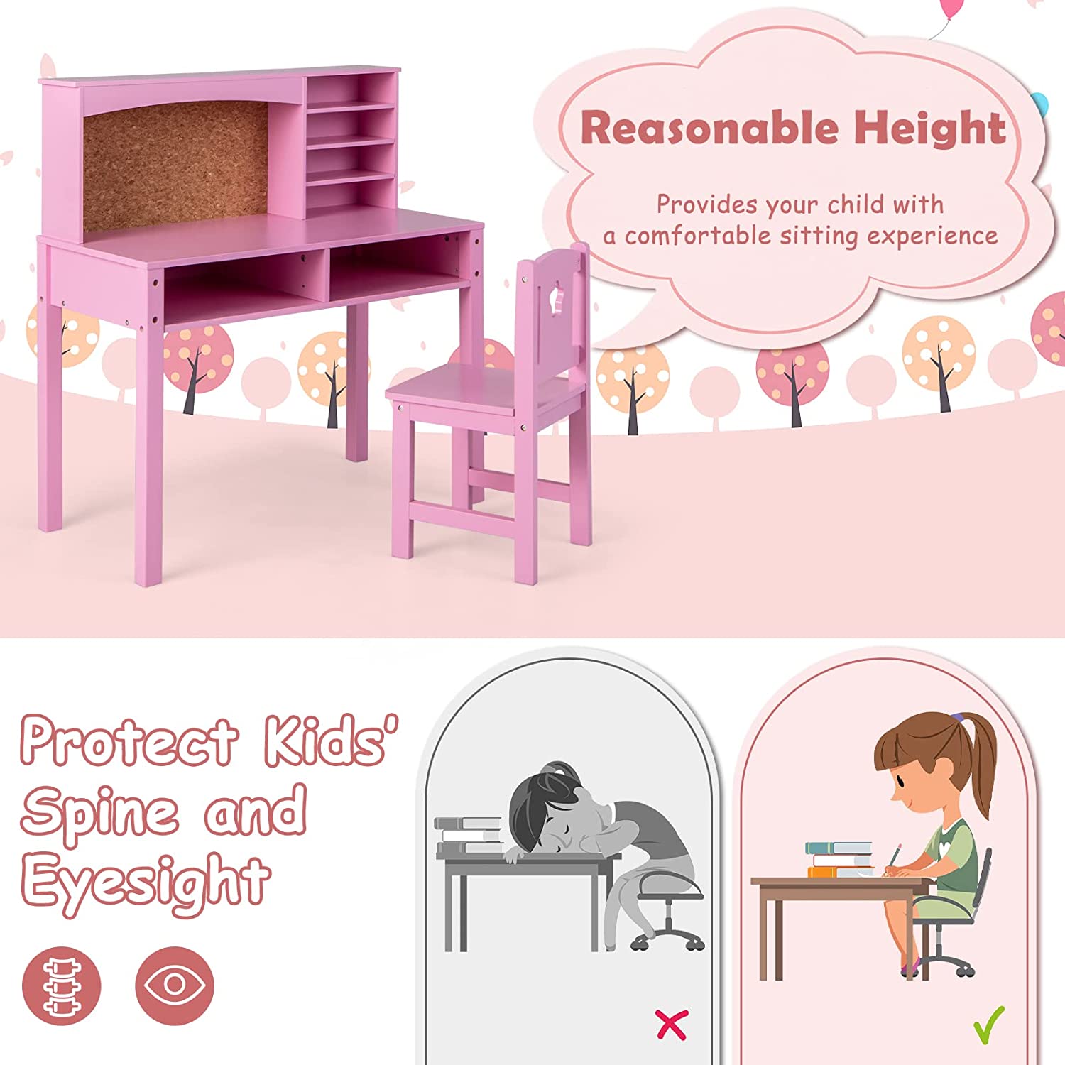 Wooden Kids Desk and Chair Set with Hutch for Studying and Reading-Pink