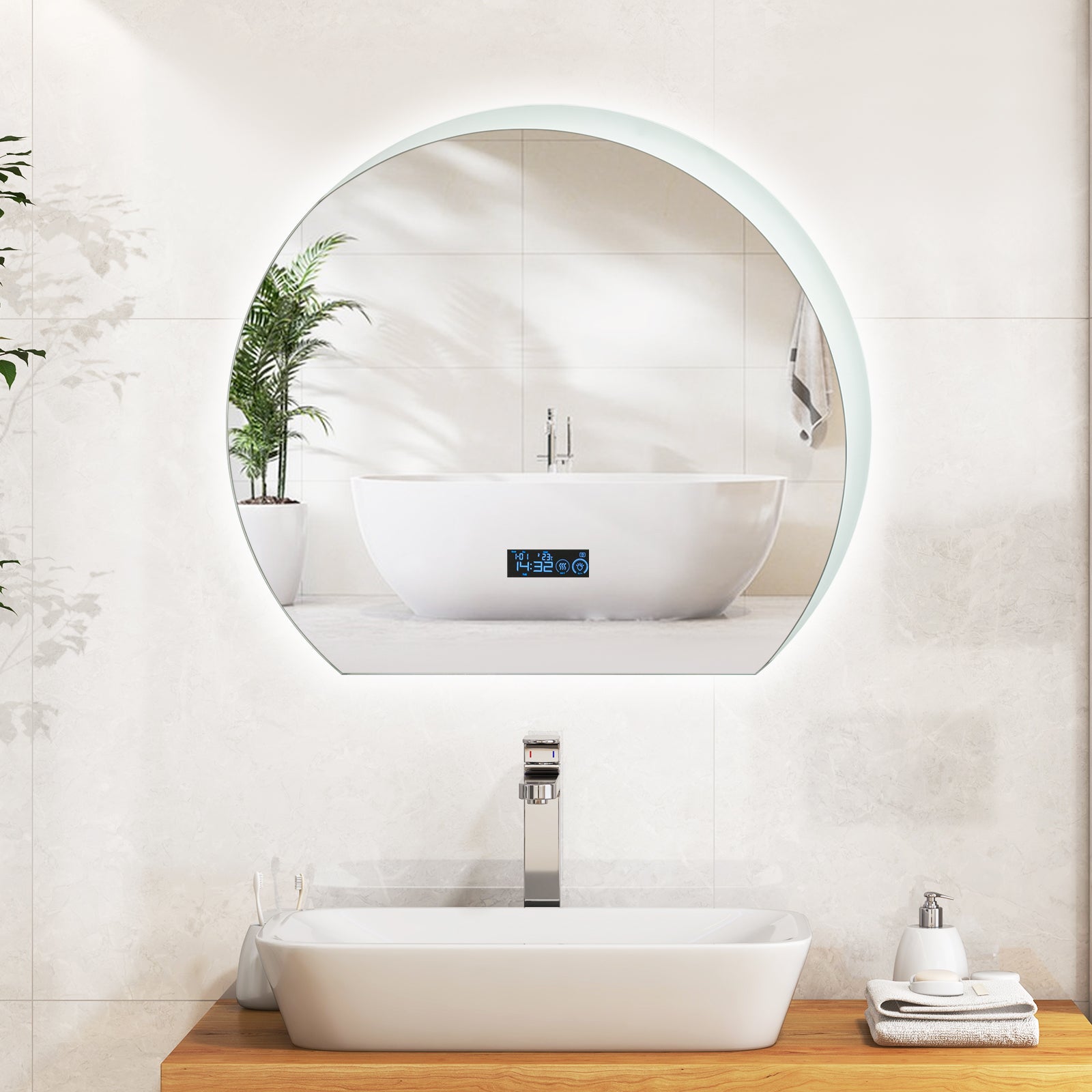 Half Circle LED Bathroom Mirror with Touch Switch and 3-Color Lights