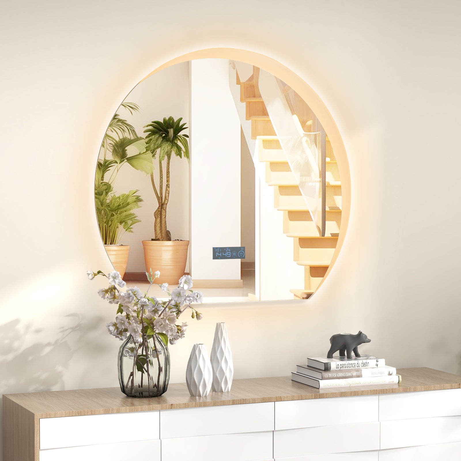 Half Circle LED Bathroom Mirror with Touch Switch and 3-Color Lights