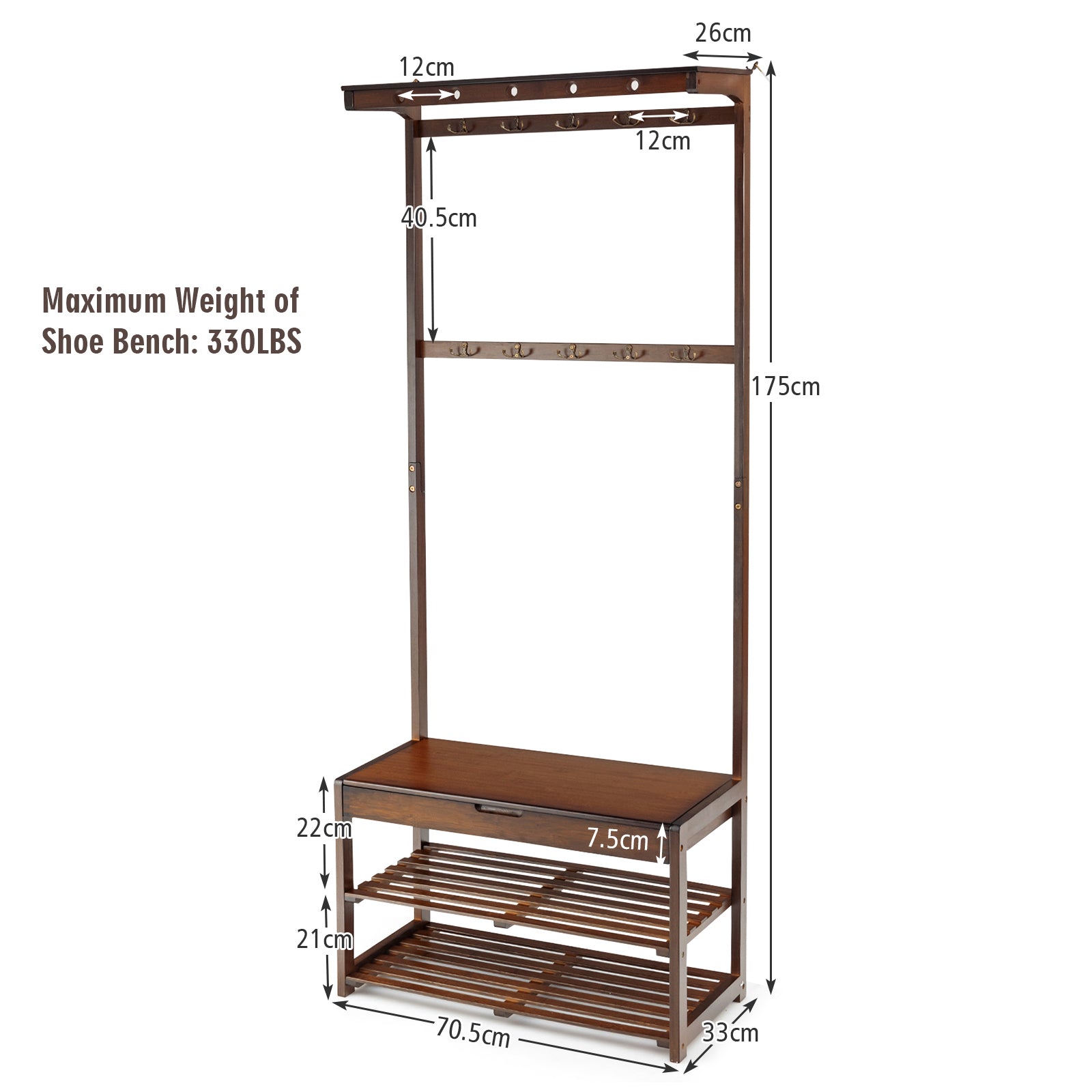 Entryway Storage Organizer with 10 Hanging Hooks and 2-Tier Shoe Shelves-Coffee