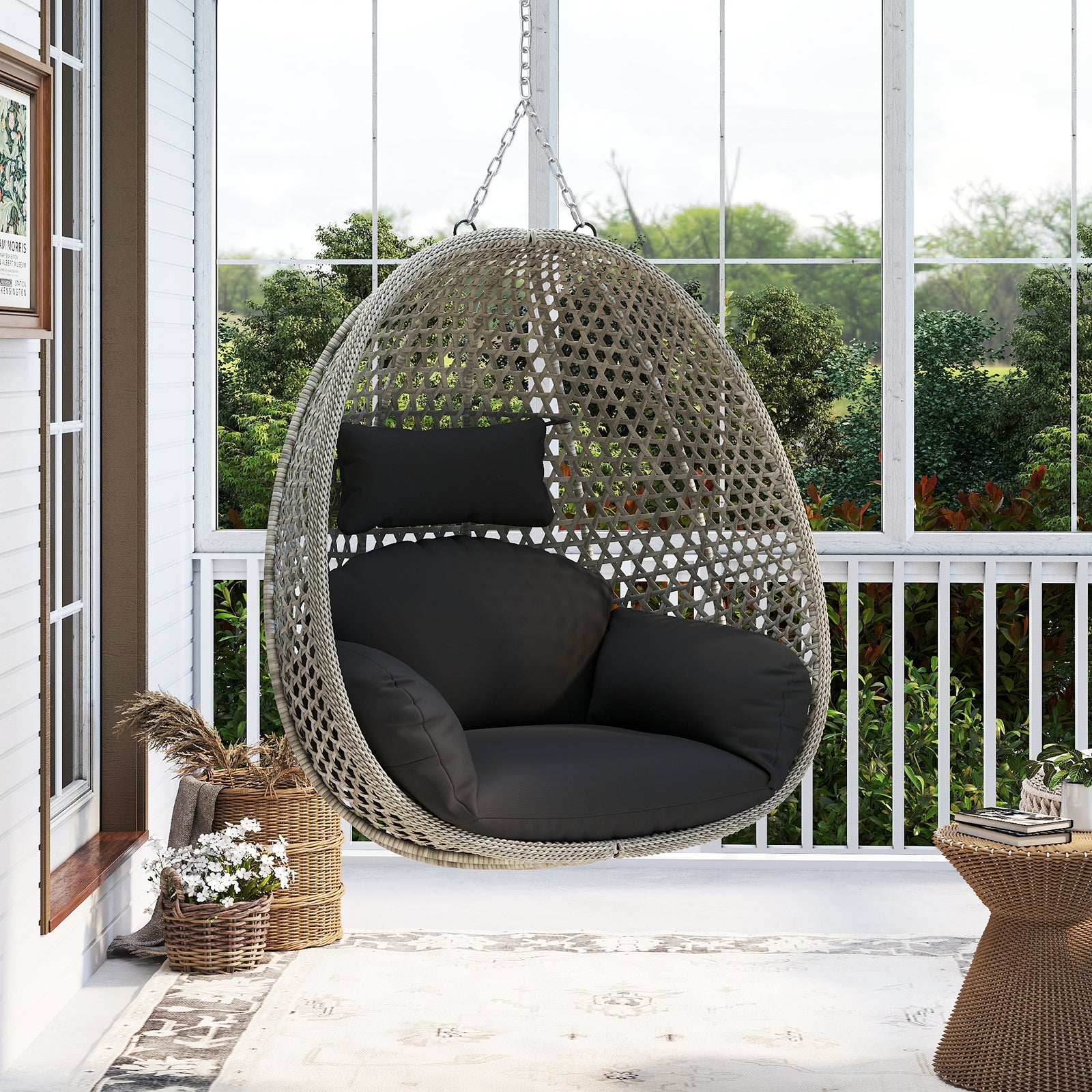 Patio PE Rattan Wicker Swing Basket Chair with Thick Cushion Without Stand