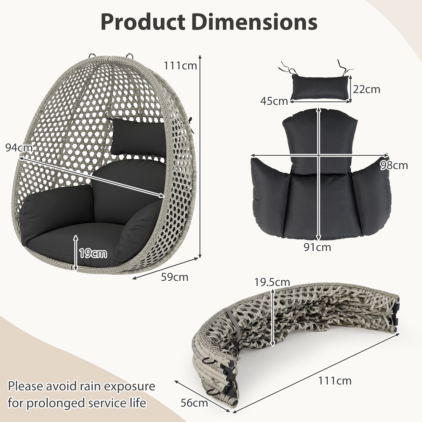 Patio PE Rattan Wicker Swing Basket Chair with Thick Cushion Without Stand