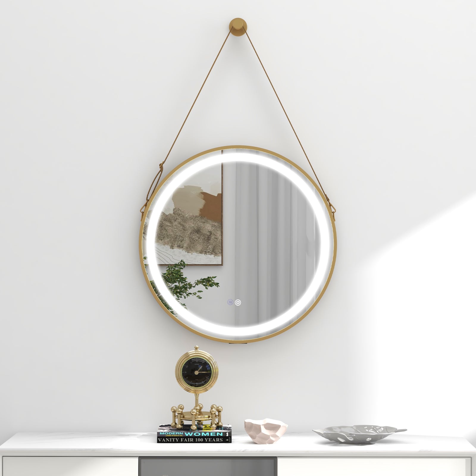 Hanging Wall Bathroom Mirror with Hanging Strap and 3 Colors LED Light-Silver