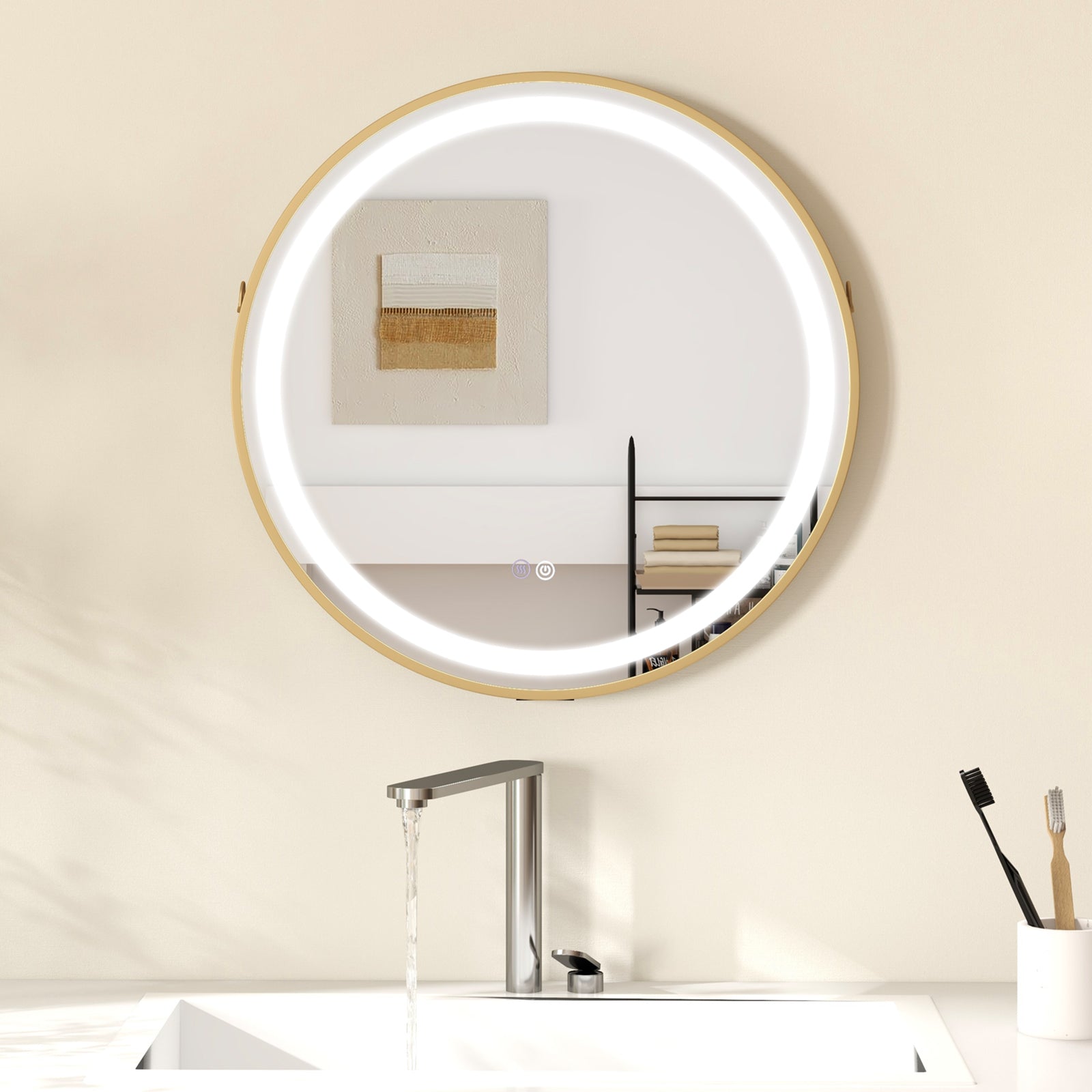 Hanging Wall Bathroom Mirror with Hanging Strap and 3 Colors LED Light-Silver