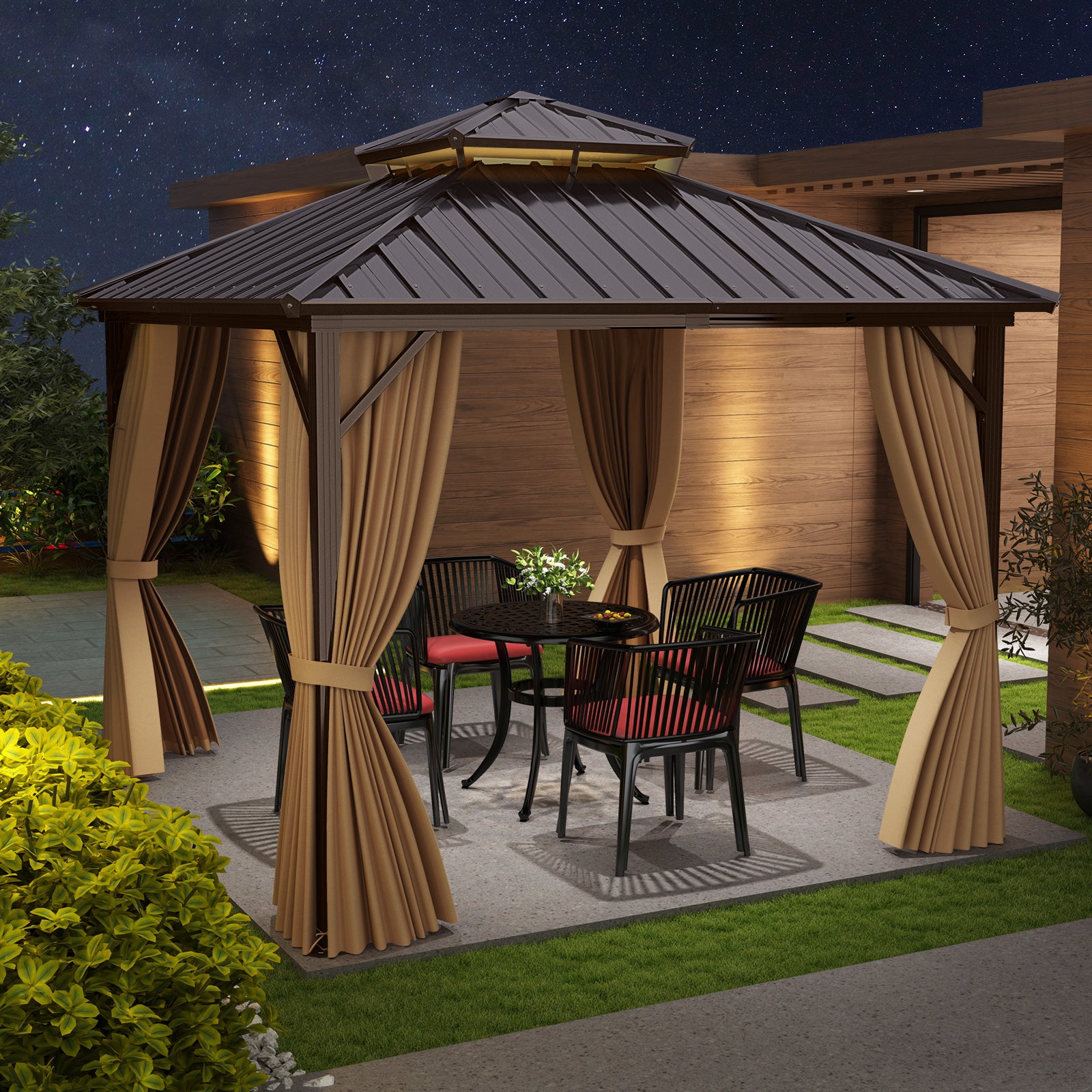 290 x 290 cm Hardtop Gazebo with Netting and Curtain and Double-Roof Metal Top-Coffee