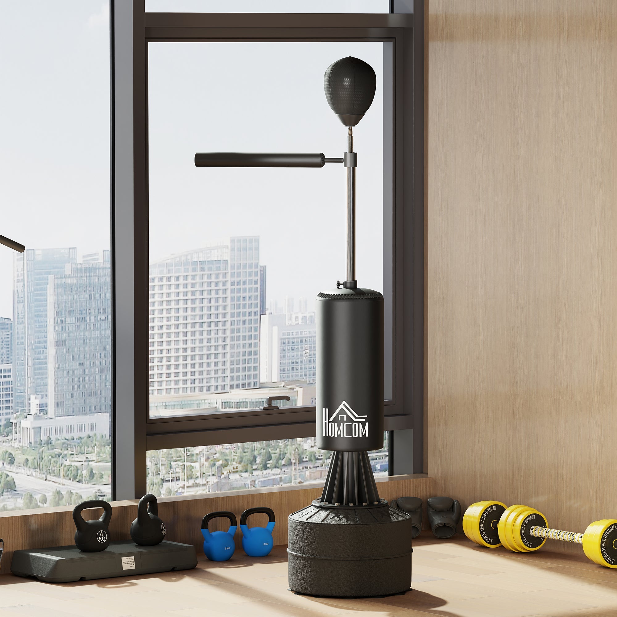 HOMCOM 155-205cm 3-IN-1 Freestanding Boxing Punching Bag Stand, Boxing Speed Trainer with Rotating Flexible Arm, Speed Ball, Fillable Base, Black