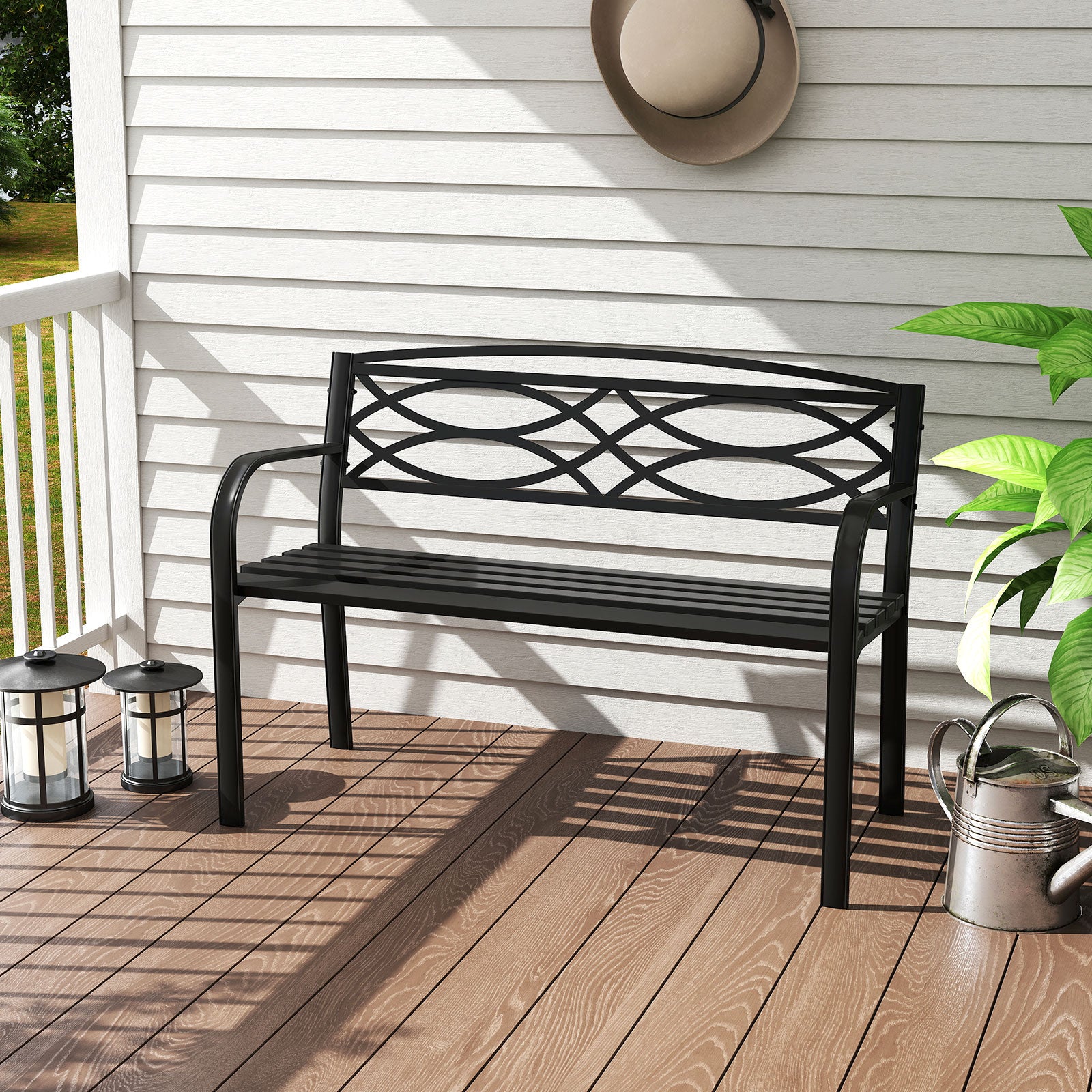 Garden Bench Heavy-Duty Metal Slatted Loveseat for 2 People-Black