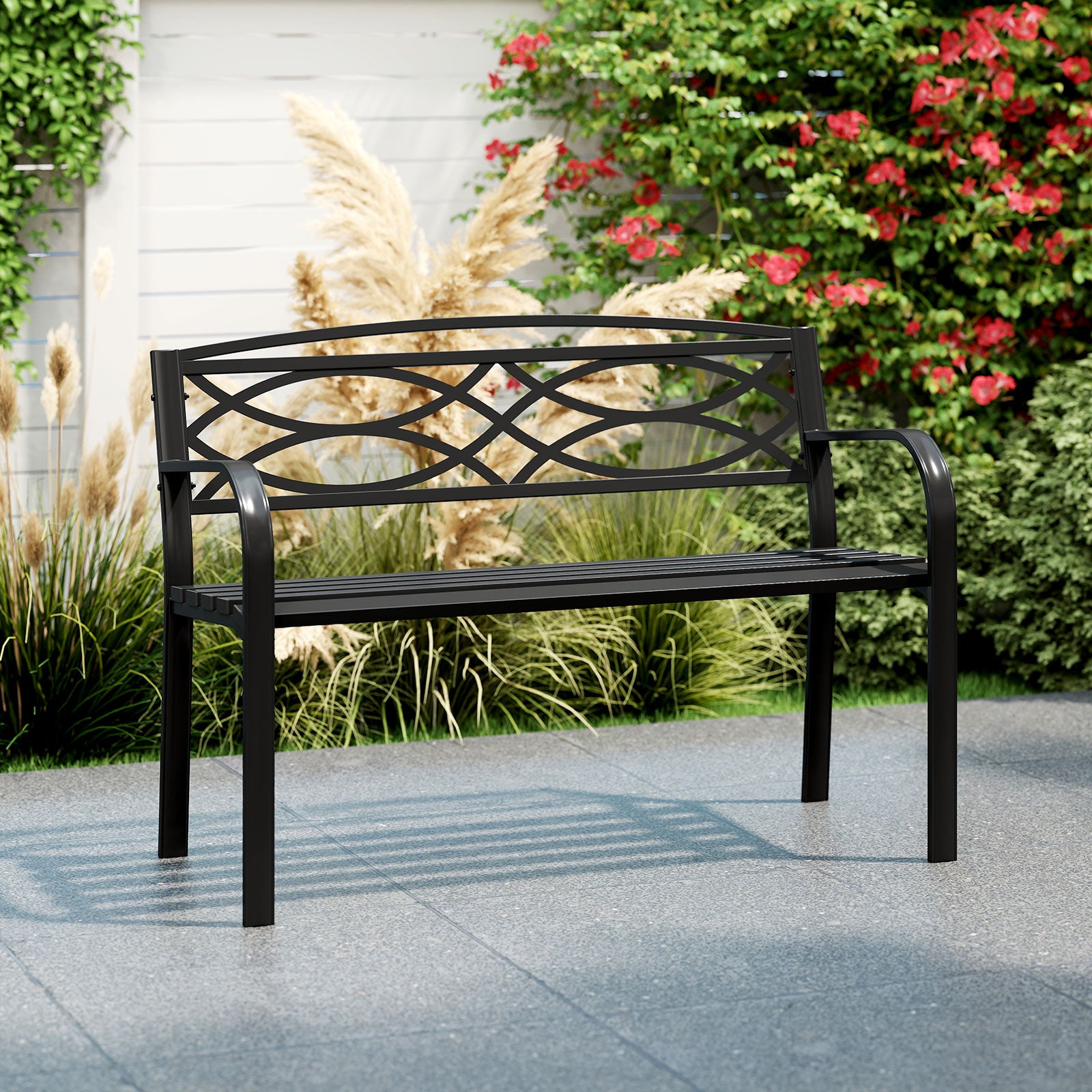 Garden Bench Heavy-Duty Metal Slatted Loveseat for 2 People-Black