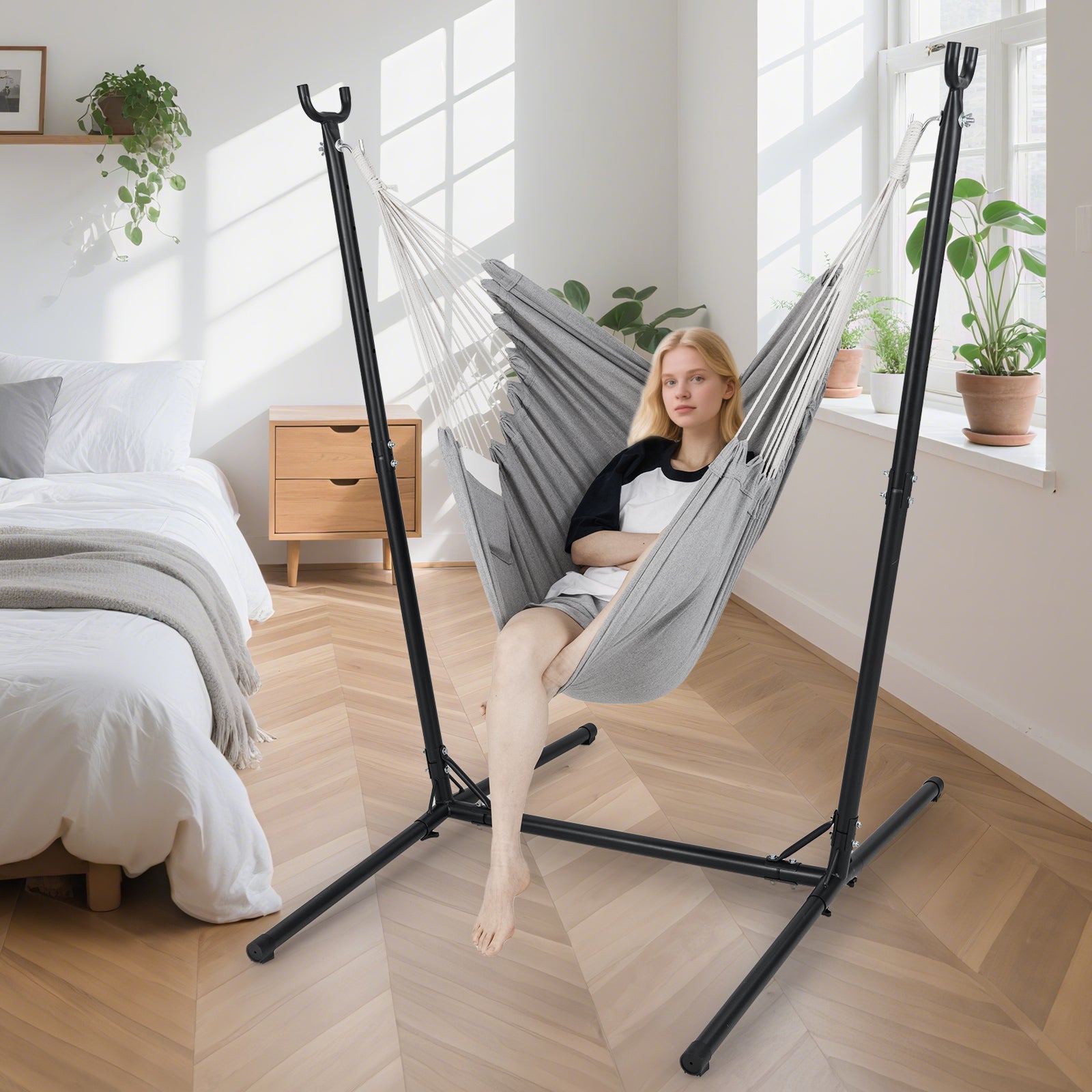 Heavy Duty and Height Adjustable Hammock Chair Side Pocket-Light Grey