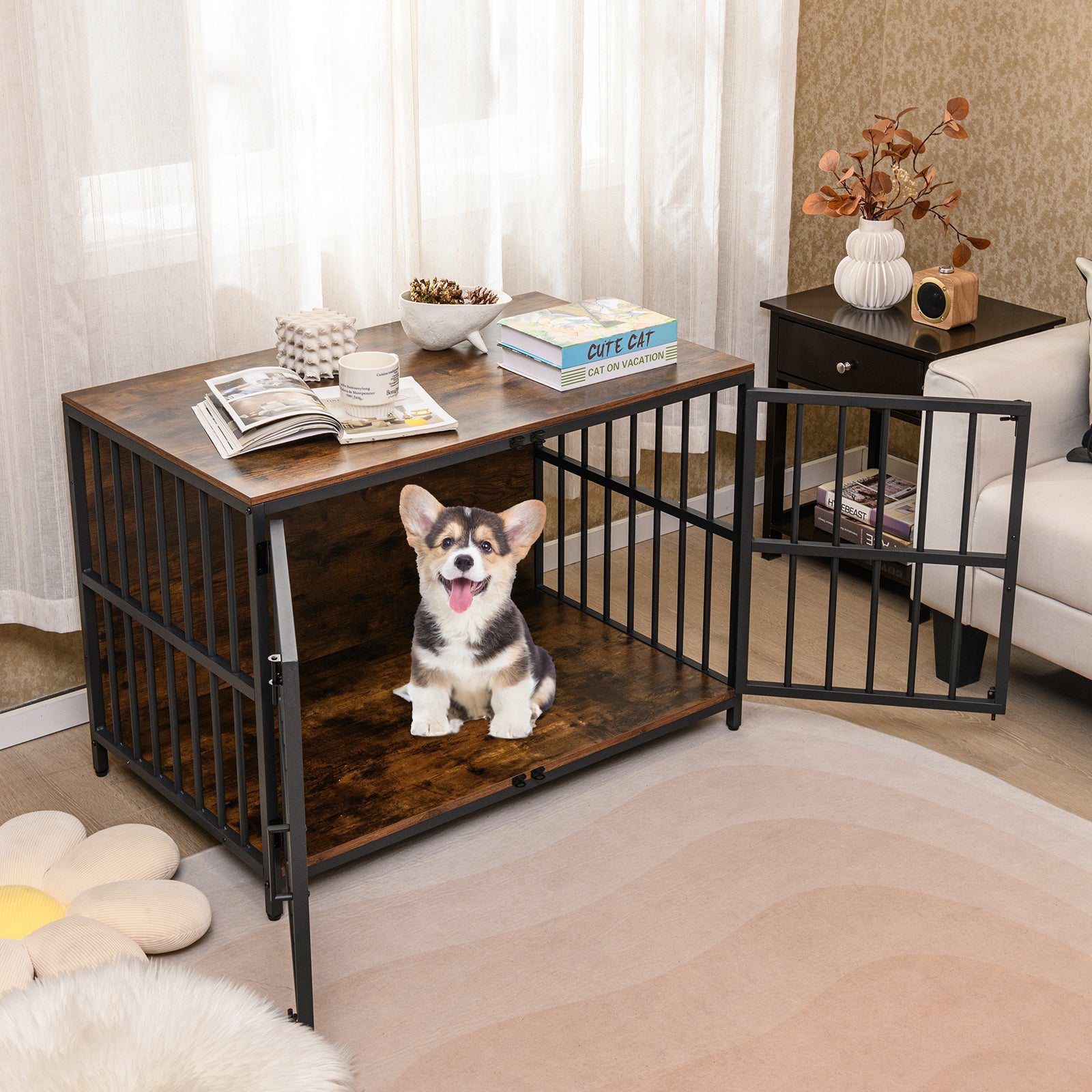 Heavy-duty Dog Crate Furniture with Dual Lockable Double Doors-Rustic Brown