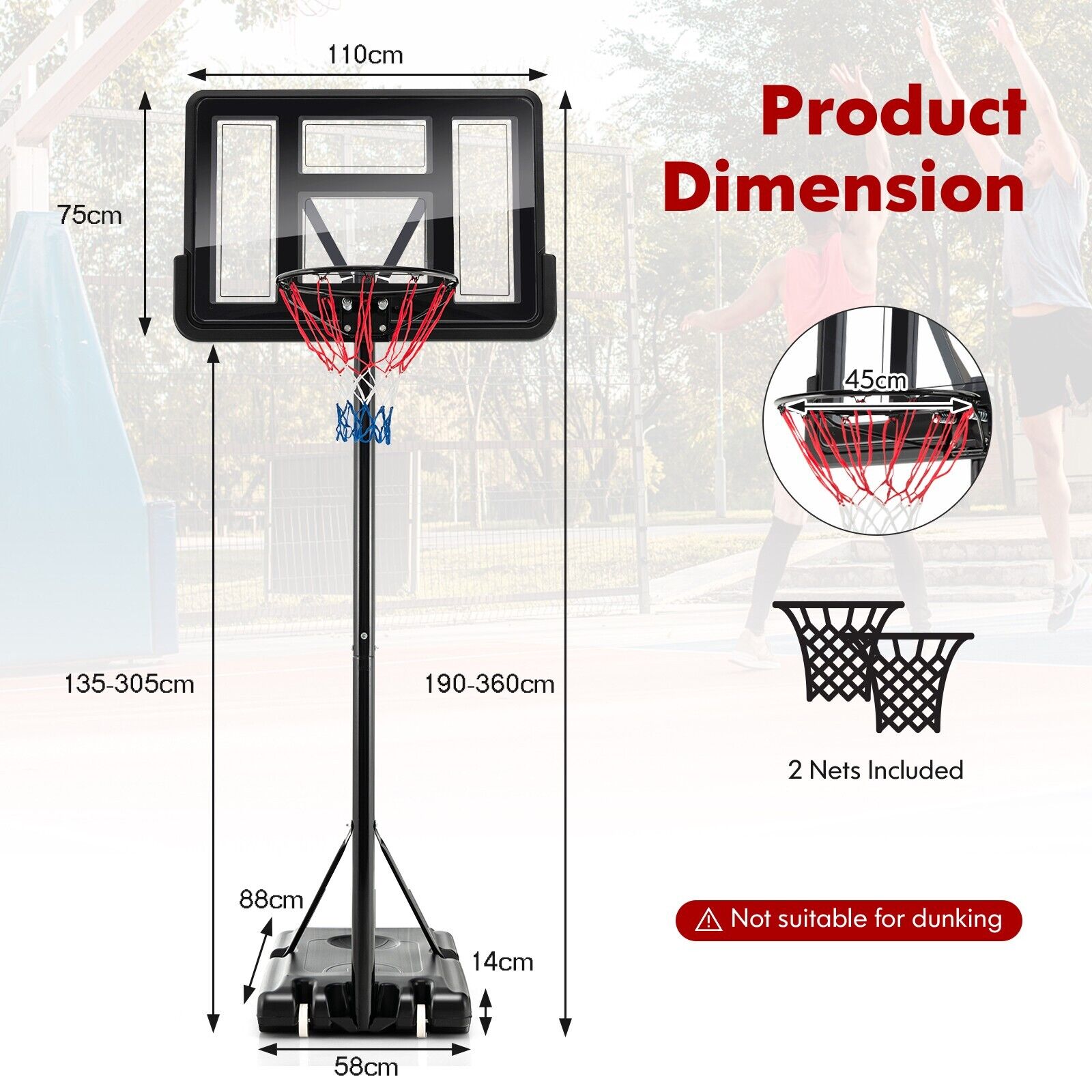 135-305cm Adjustable Basketball Hoop System with 2 Nets