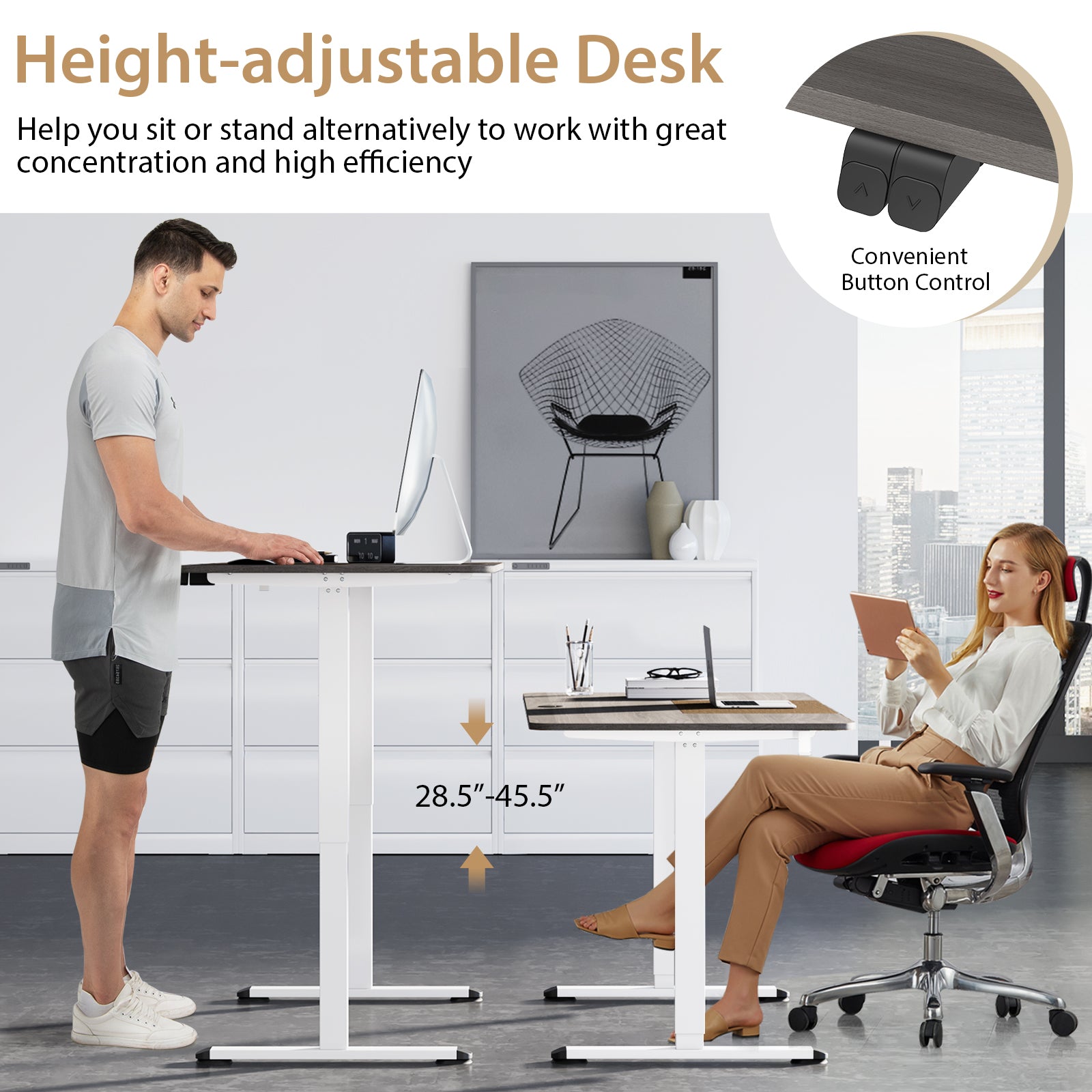 Height Adjustable Home Office Computer Desk with Headphone Hook-Grey