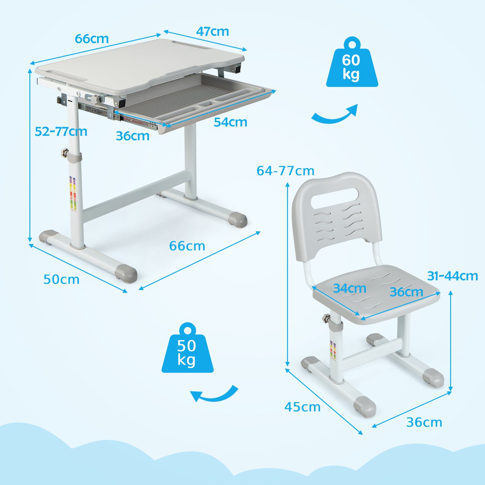 Height Adjustable Kids Study Table and Chair Set with Tilting Tabletop-Grey