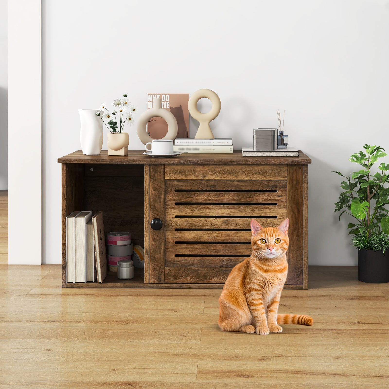 Cat Litter Box Enclosure Hidden Cat Washroom with Winding Entry-Oak
