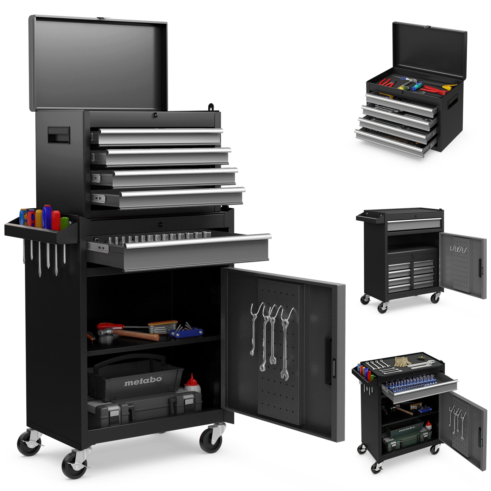 High Capacity Tool Storage Cabinet with Lockable Wheels-Black &amp; Grey