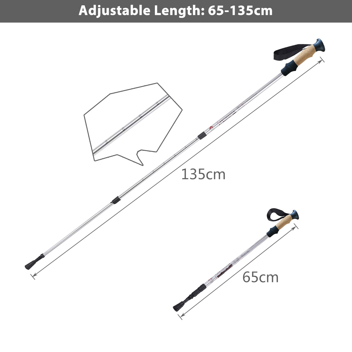 Hiking Pole Adjustable 65-135 cm-Silver